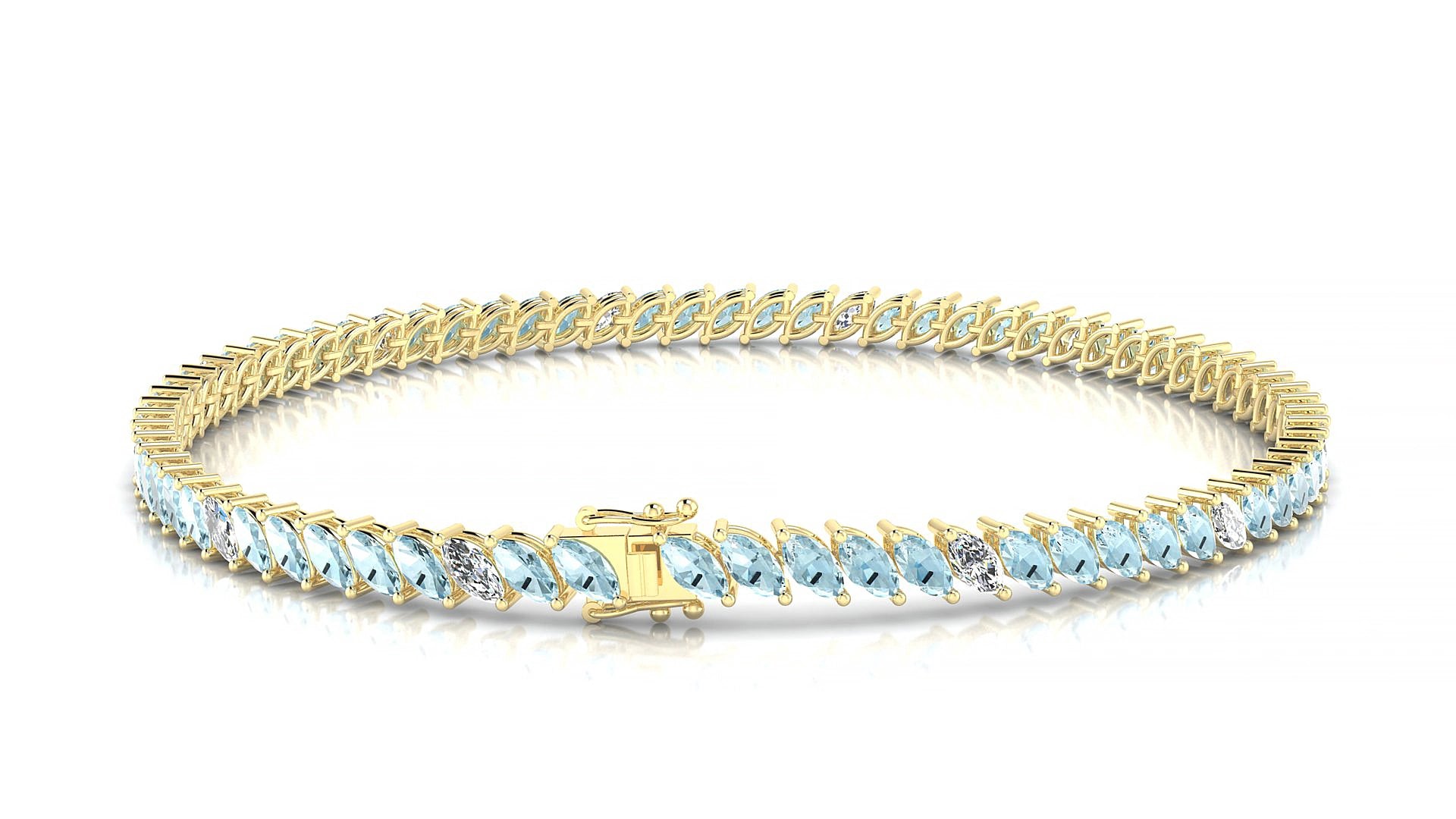 Venezia 5-1 | 18k Yellow Gold 4 x 2 mm Marquise Natural Aquamarine & Diamond 16 cm Tennis Bracelet