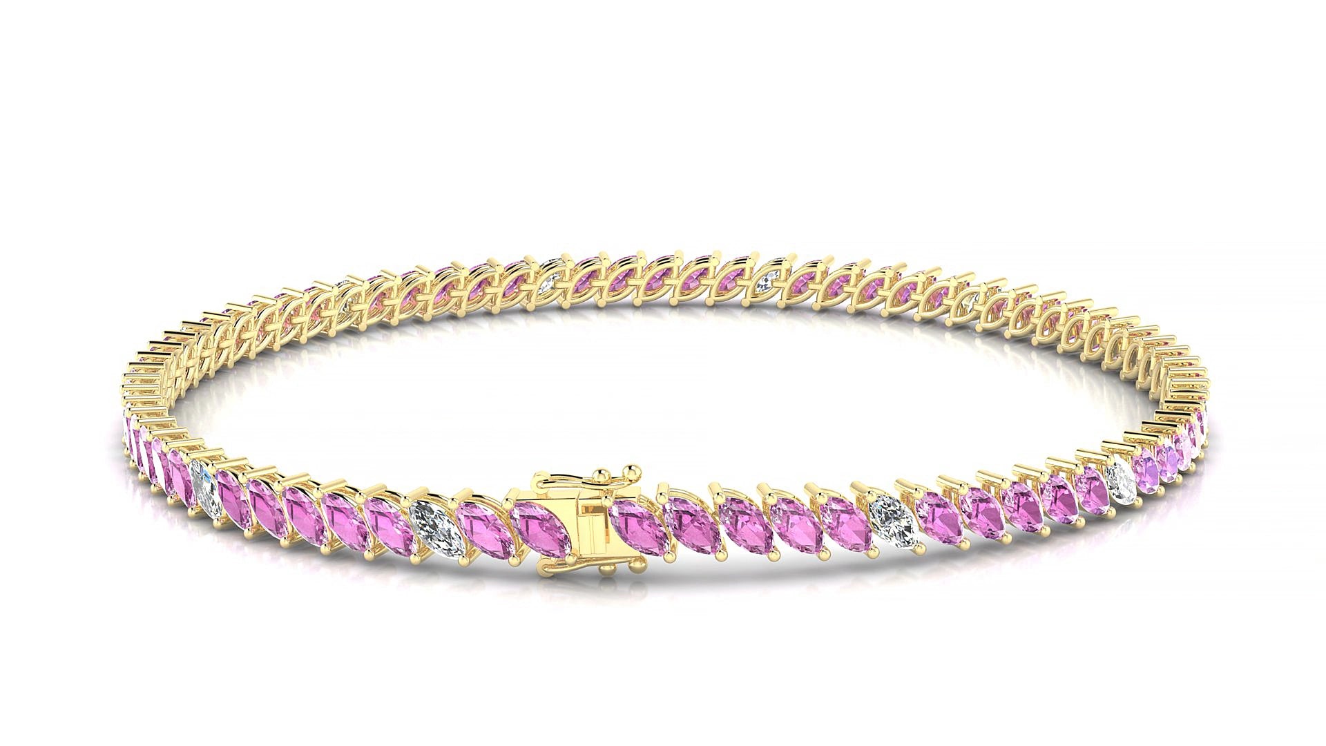 Venezia 5-1 | 18k Yellow Gold 4 x 2 mm Marquise Natural Pink Sapphire & Diamond 16 cm Tennis Bracelet