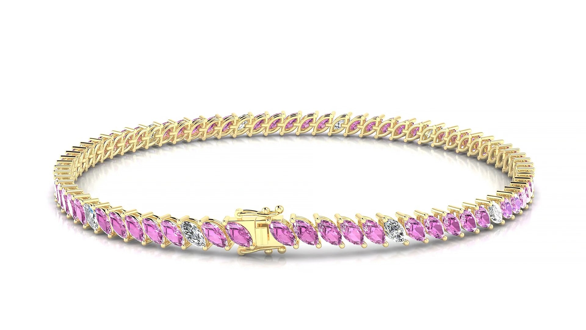 Venezia 5-1 | 18k Yellow Gold 4 x 2 mm Marquise Natural Pink Sapphire & Diamond 18 cm Tennis Bracelet
