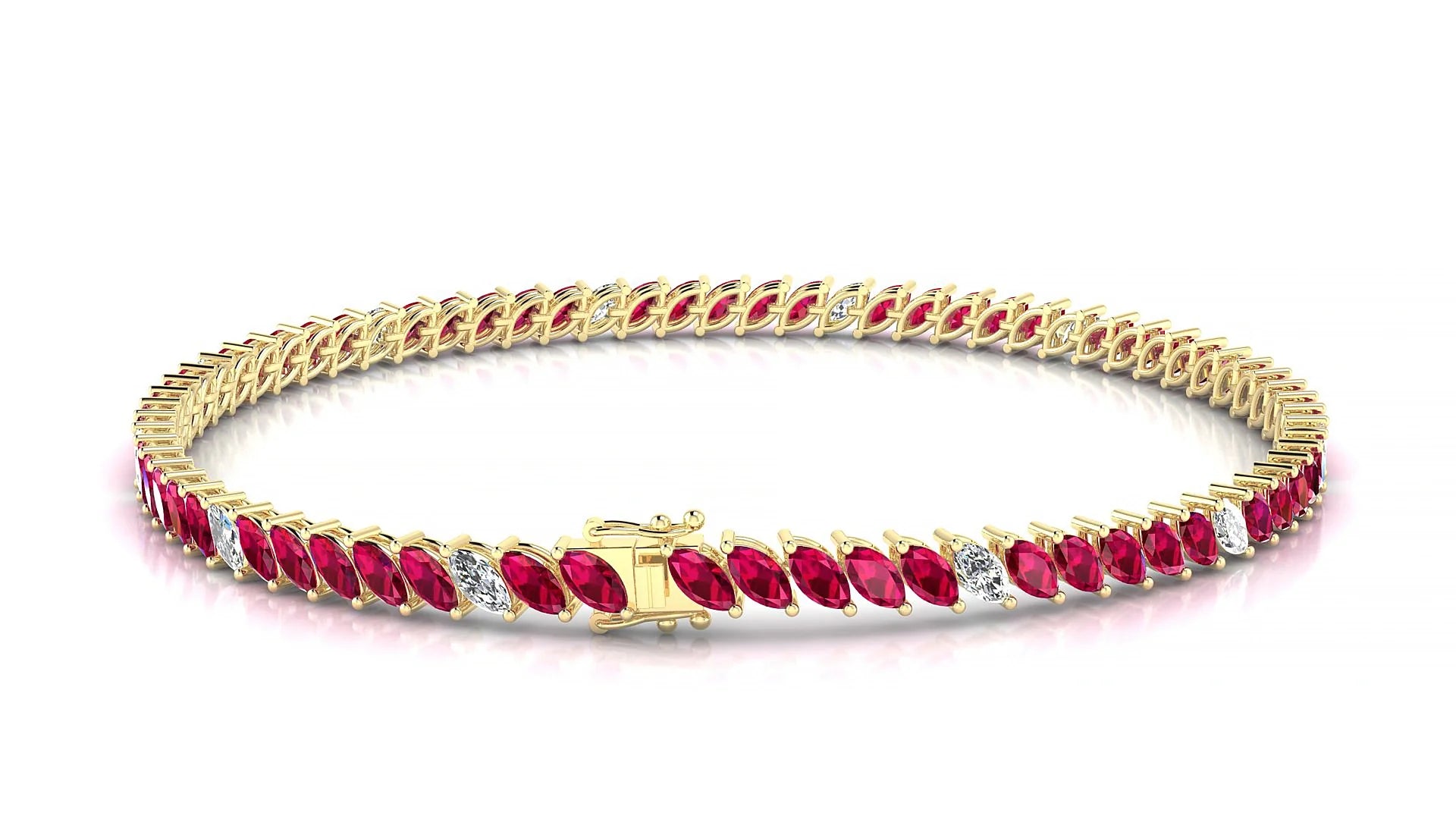Venezia 5-1 | 18k Yellow Gold 4 x 2 mm Marquise Natural Ruby & Diamond 18 cm Tennis Bracelet