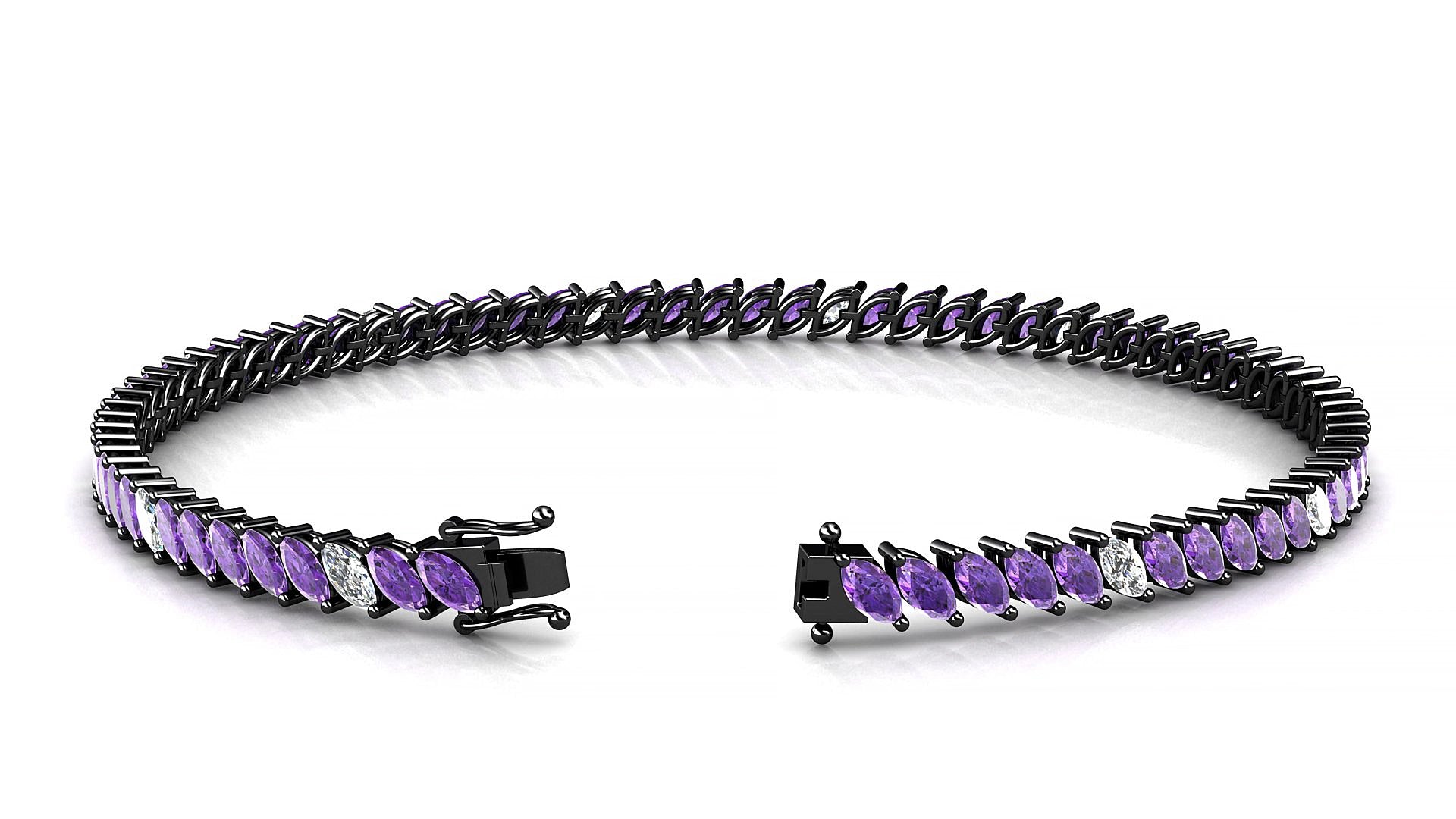 Venezia 5-1 | 18k Black Gold 4 x 2 mm Marquise Natural Amethyst & Diamond 19 cm Tennis Bracelet
