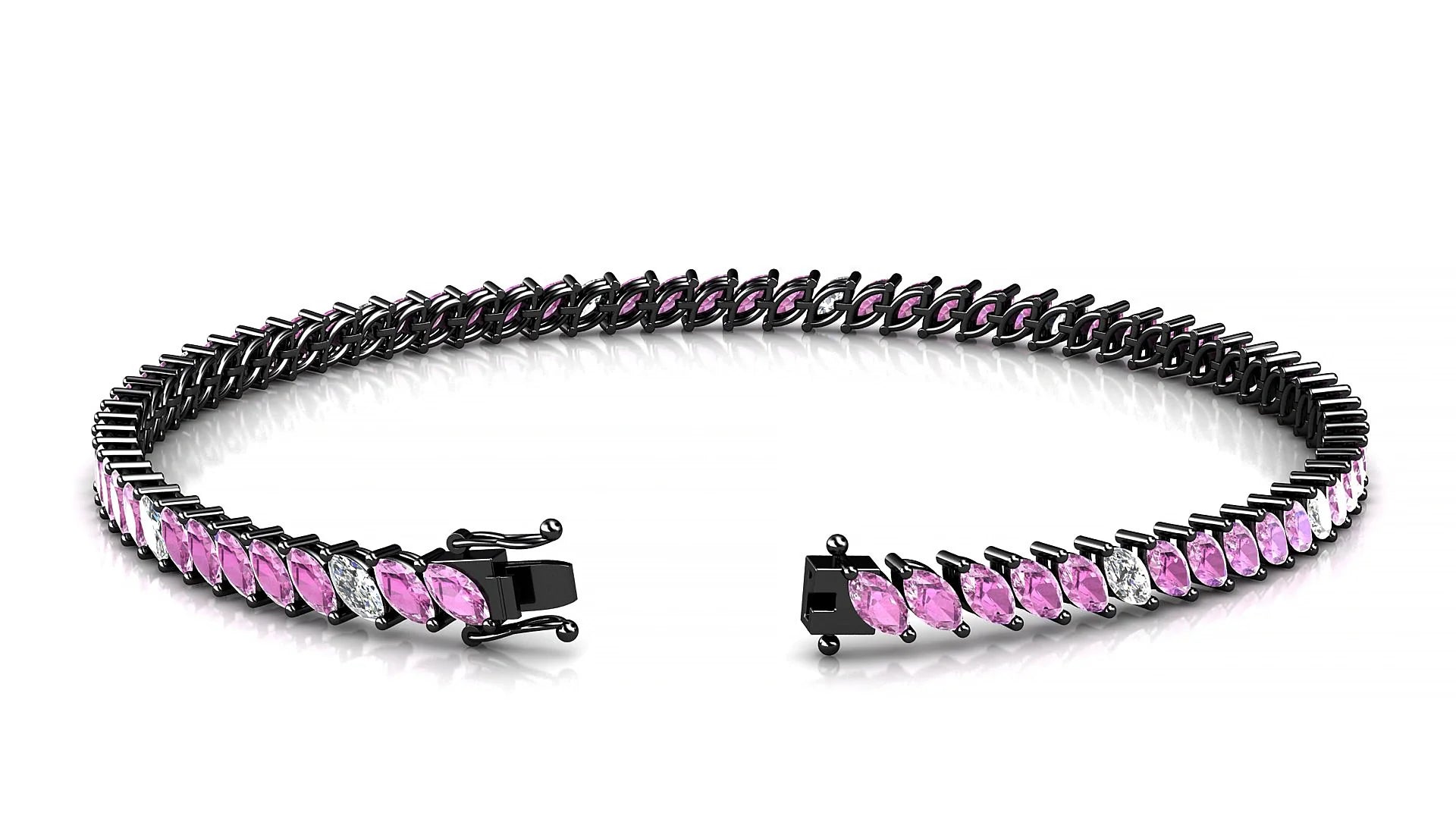 Venezia 5-1 | 18k Black Gold 4 x 2 mm Marquise Natural Pink Sapphire & Diamond 18 cm Tennis Bracelet