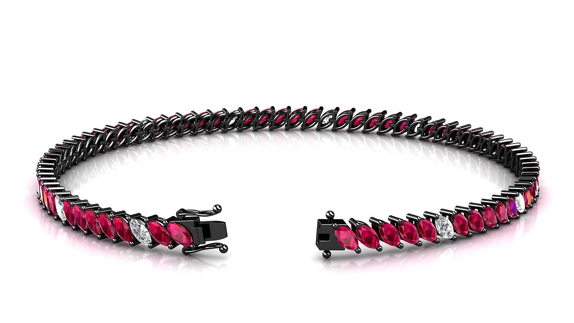 Venezia 5-1 | 18k Black Gold 4 x 2 mm Marquise Natural Ruby & Diamond 17 cm Tennis Bracelet