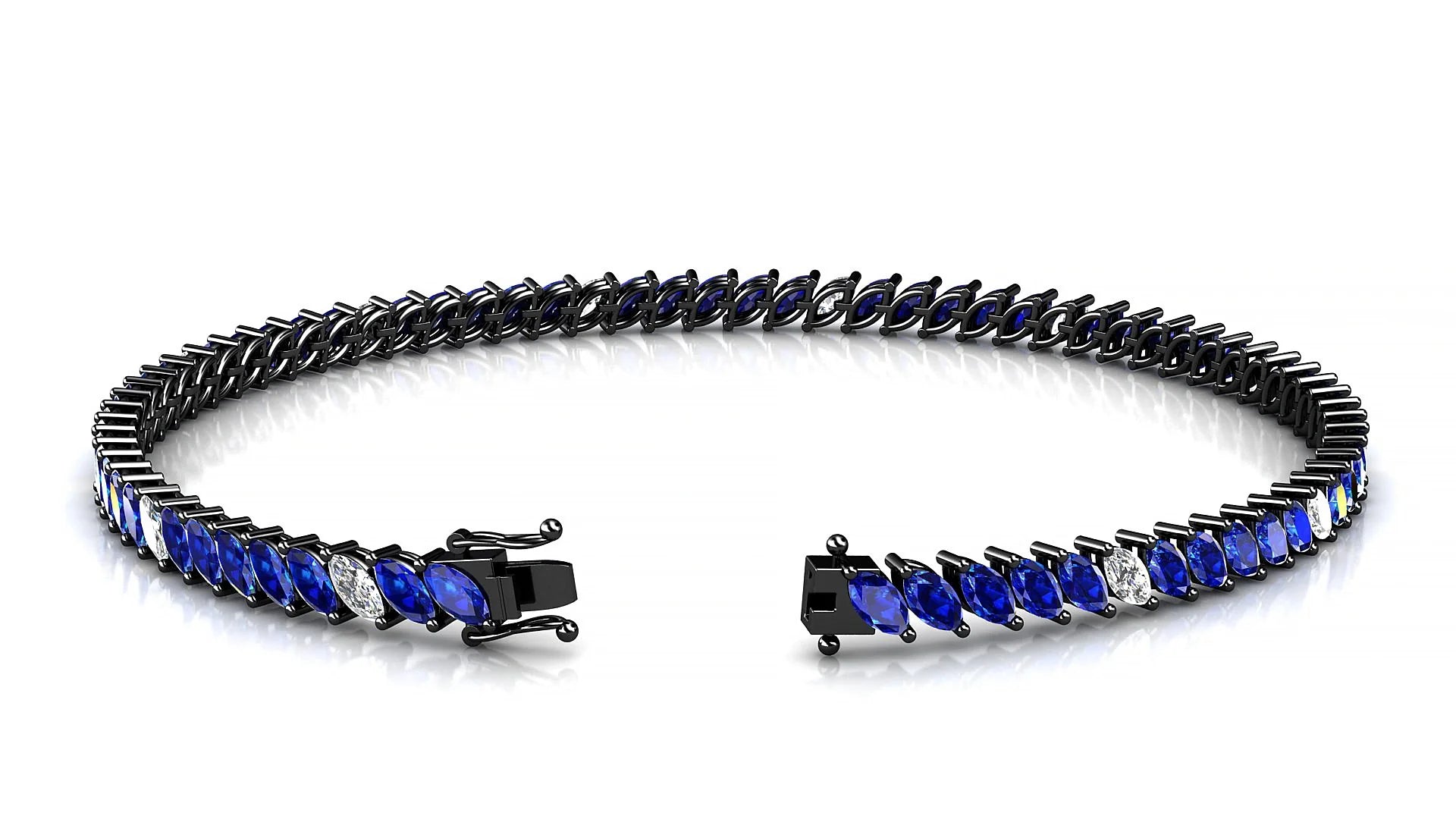 Venezia 5-1 | 18k Black Gold 4 x 2 mm Marquise Natural Sapphire & Diamond 18 cm Tennis Bracelet