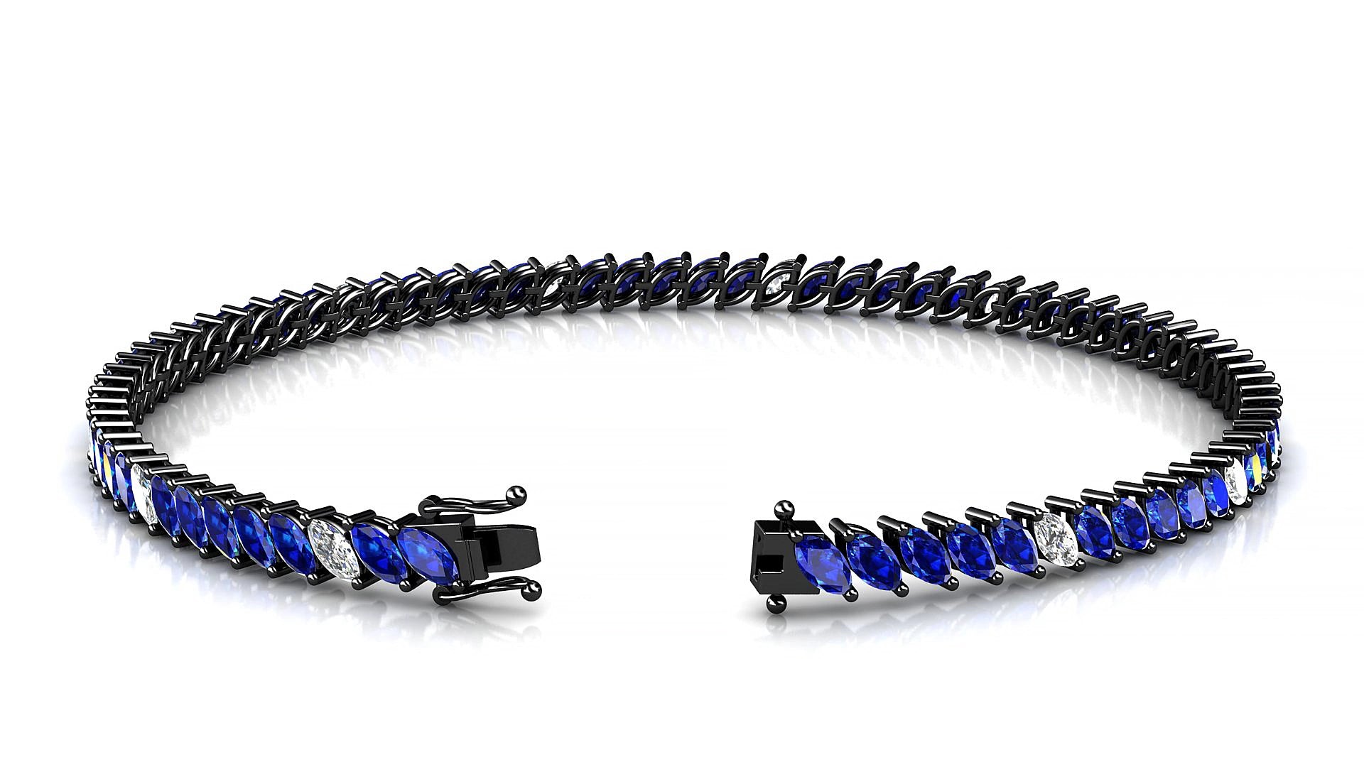Venezia 5-1 | 18k Black Gold 4 x 2 mm Marquise Natural Sapphire & Diamond 19 cm Tennis Bracelet