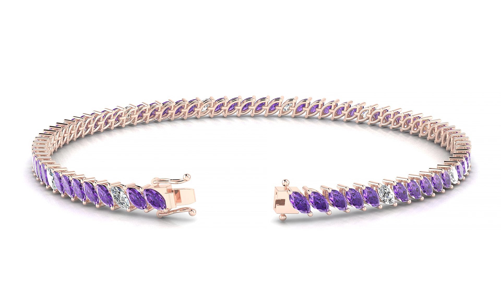 Venezia 5-1 | 18k Rose Gold 4 x 2 mm Marquise Natural Amethyst & Diamond 15 cm Tennis Bracelet