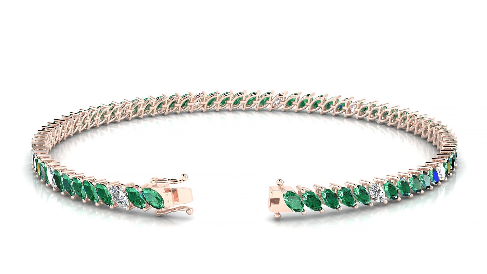 Venezia 5-1 | 18k Rose Gold 4 x 2 mm Marquise Natural Emerald & Diamond 17 cm Tennis Bracelet