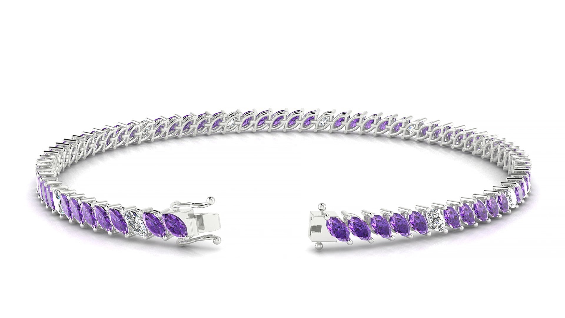 Venezia 5-1 | 18k White Gold 4 x 2 mm Marquise Natural Amethyst & Diamond 15 cm Tennis Bracelet