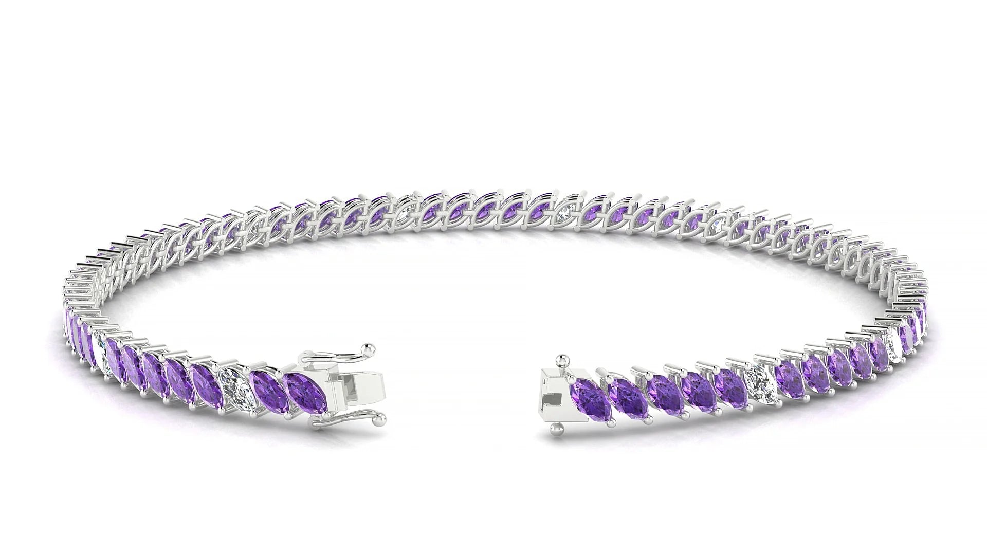 Venezia 5-1 | 18k White Gold 4 x 2 mm Marquise Natural Amethyst & Diamond Tennis Bracelet