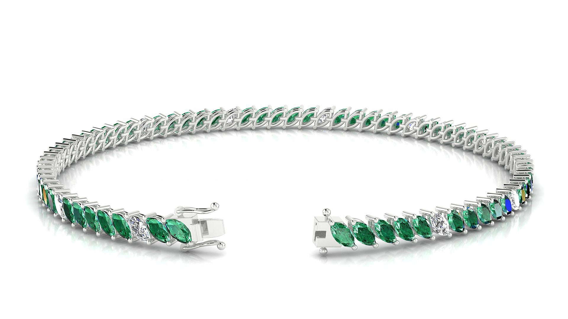 Venezia 5-1 | 18k White Gold 4 x 2 mm Marquise Natural Emerald & Diamond 15 cm Tennis Bracelet