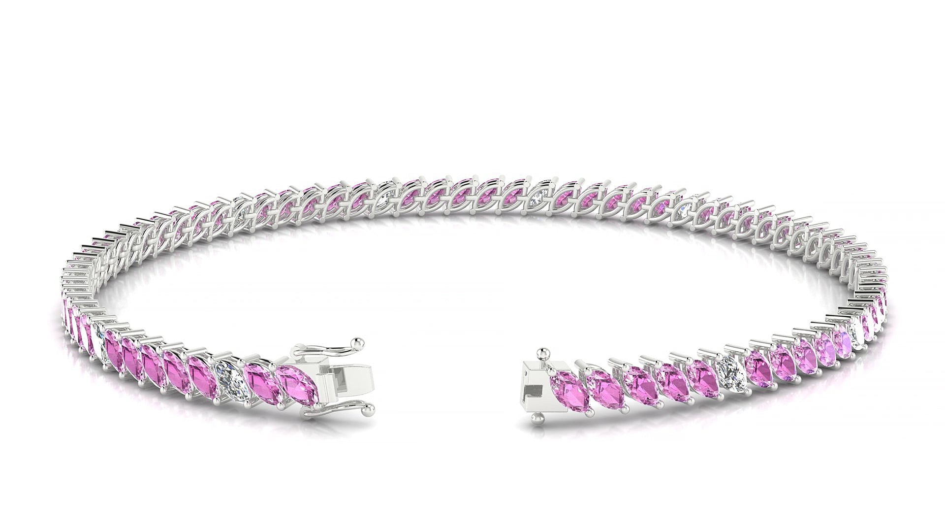 Venezia 5-1 | 18k White Gold 4 x 2 mm Marquise Natural Pink Sapphire & Diamond 15 cm Tennis Bracelet
