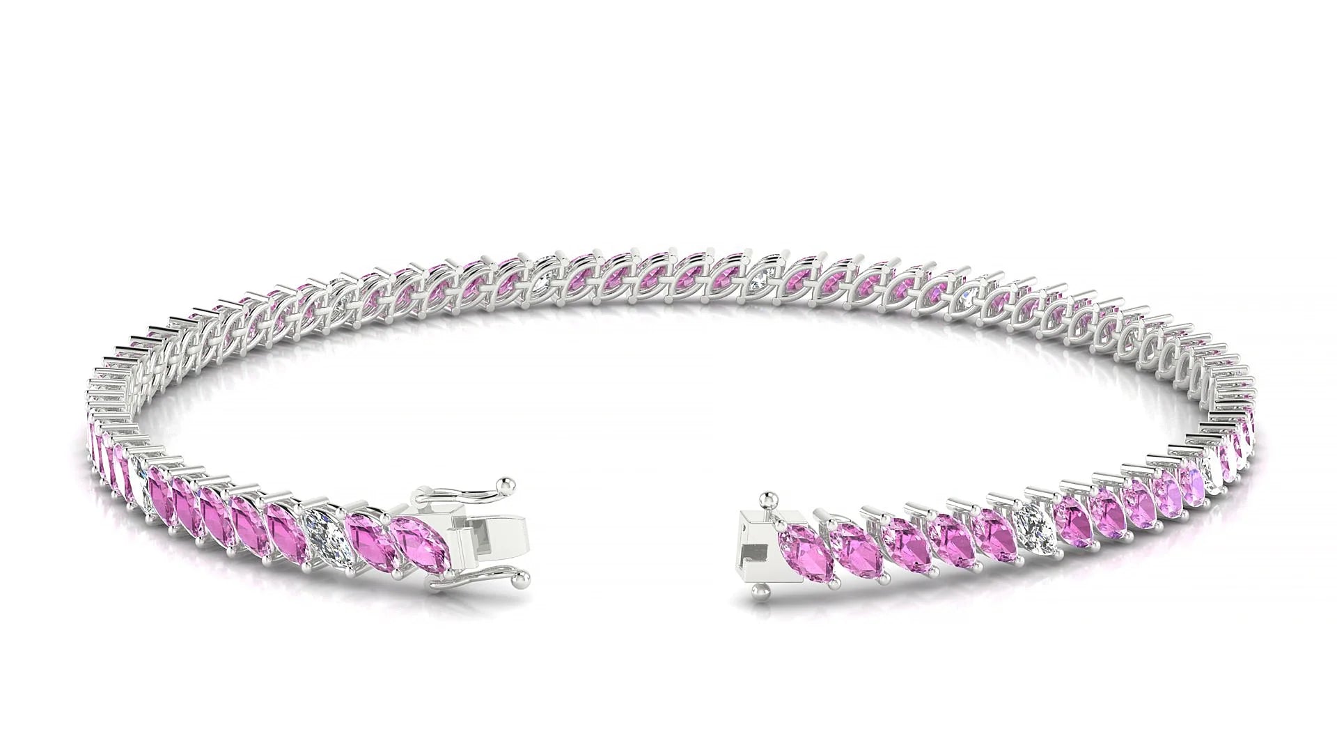 Venezia 5-1 | 18k White Gold 4 x 2 mm Marquise Natural Pink Sapphire & Diamond 18 cm Tennis Bracelet
