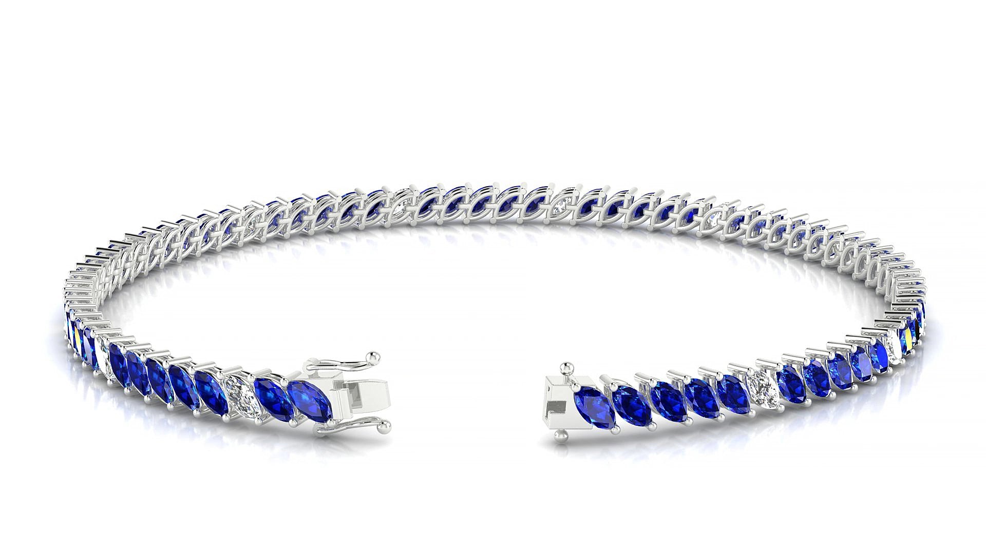 Venezia 5-1 | 18k White Gold 4 x 2 mm Marquise Natural Sapphire & Diamond 17 cm Tennis Bracelet