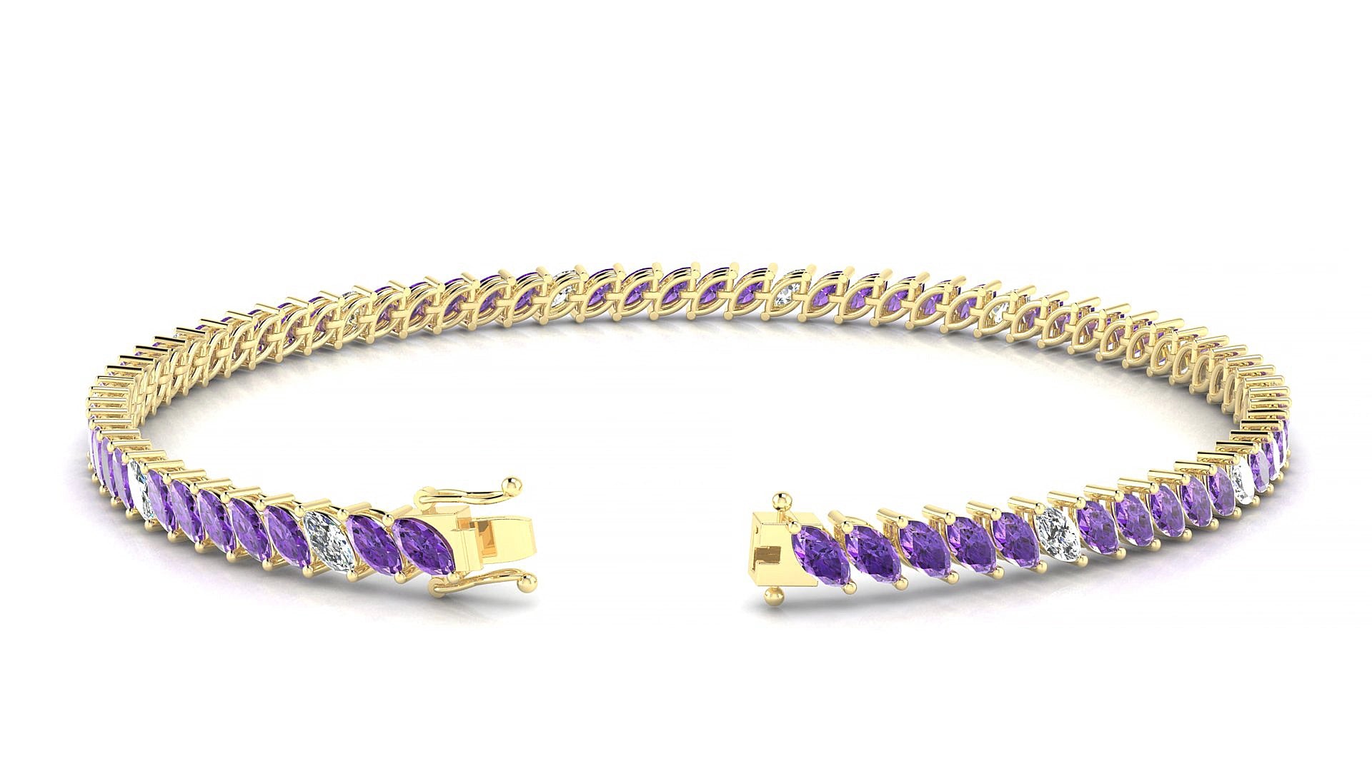Venezia 5-1 | 18k Yellow Gold 4 x 2 mm Marquise Natural Amethyst & Diamond 15 cm Tennis Bracelet