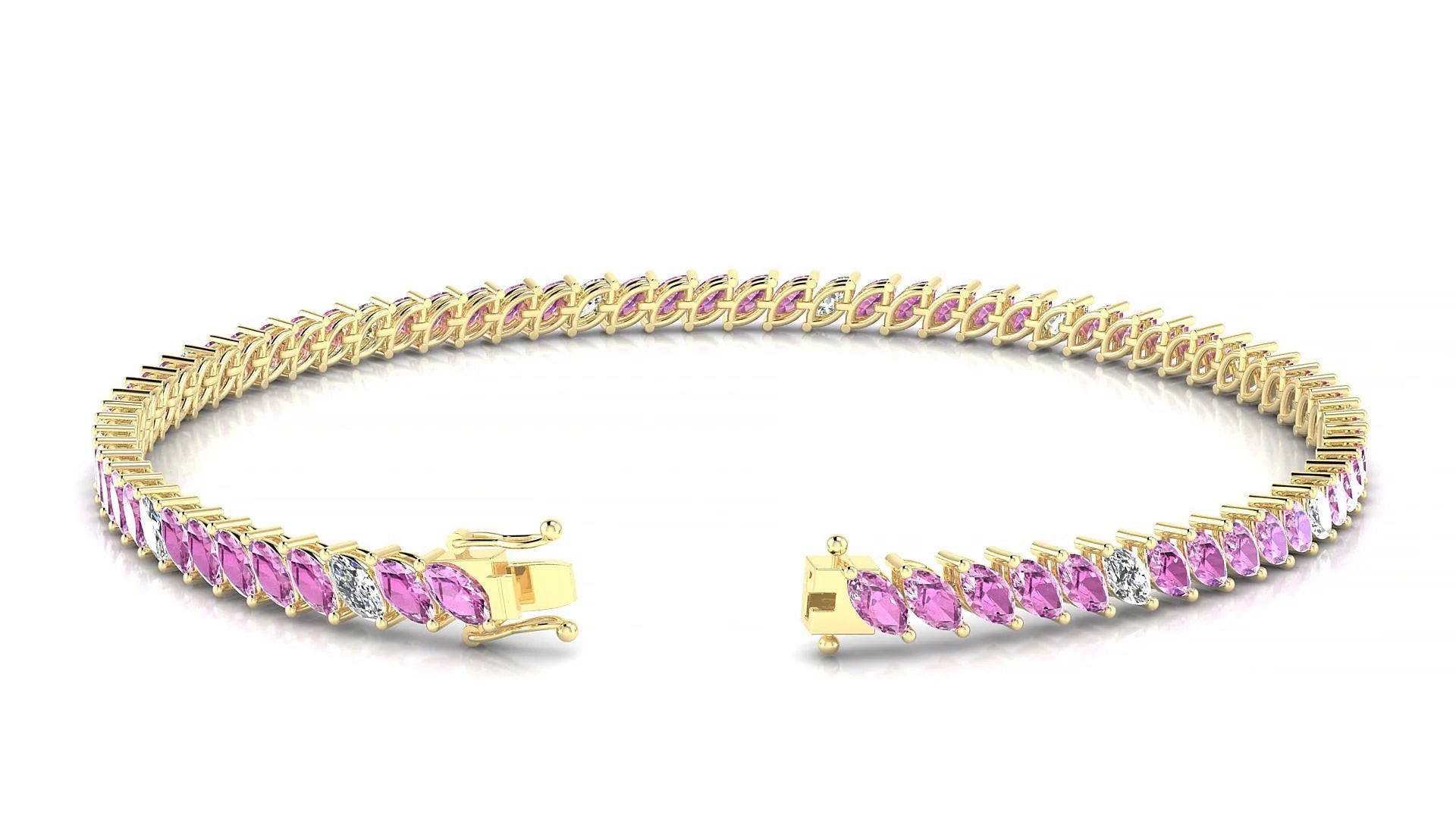 Venezia 5-1 | 18k Yellow Gold 4 x 2 mm Marquise Natural Pink Sapphire & Diamond 18 cm Tennis Bracelet