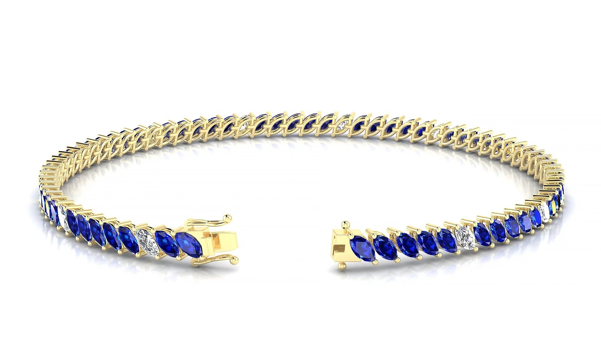 Venezia 5-1 | 18k Yellow Gold 4 x 2 mm Marquise Natural Sapphire & Diamond 18 cm Tennis Bracelet