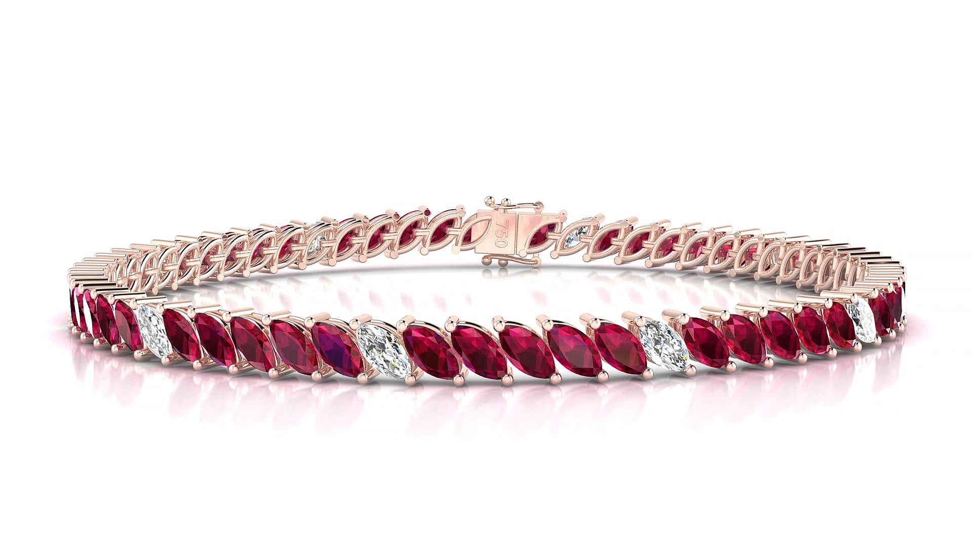 Venezia 5-1 | 18k Rose Gold 5 x 2.5 mm Marquise Natural Ruby & Diamond 15 cm Tennis Bracelet