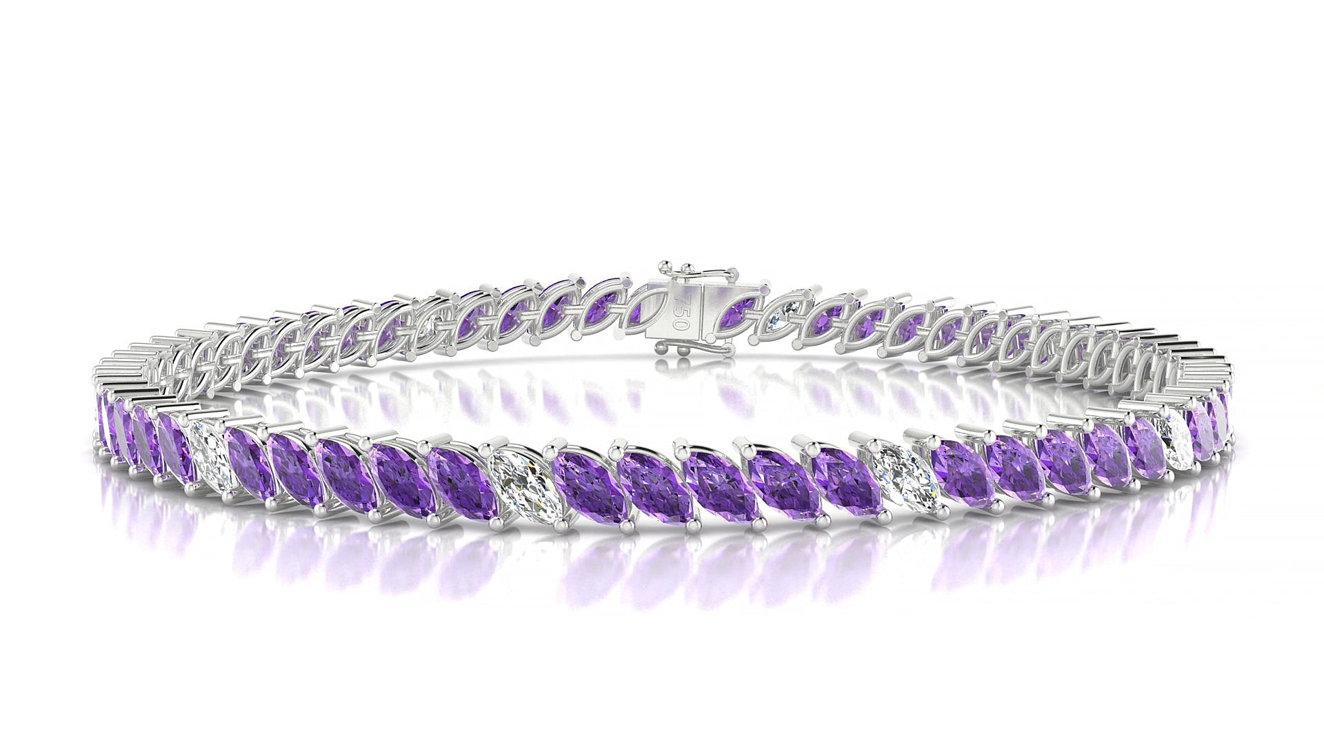 Venezia 5-1 | 18k White Gold 5 x 2.5 mm Marquise Natural Amethyst & Diamond 15 cm Tennis Bracelet