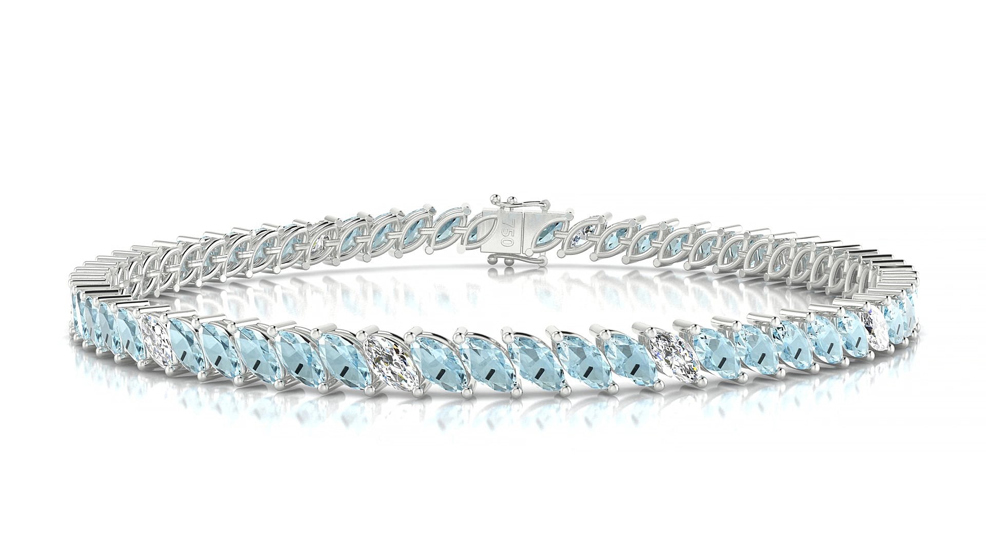 Venezia 5-1 | 18k White Gold 5 x 2.5 mm Marquise Natural Aquamarine & Diamond 17 cm Tennis Bracelet