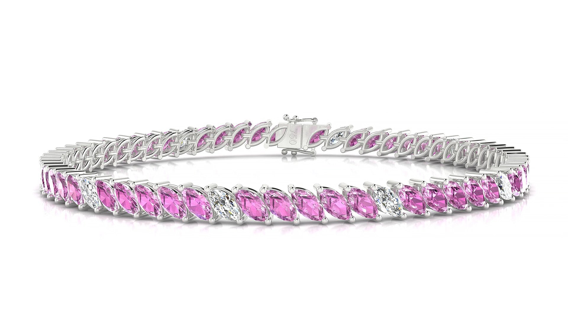 Venezia 5-1 | 18k White Gold 5 x 2.5 mm Marquise Natural Pink Sapphire & Diamond 17 cm Tennis Bracelet