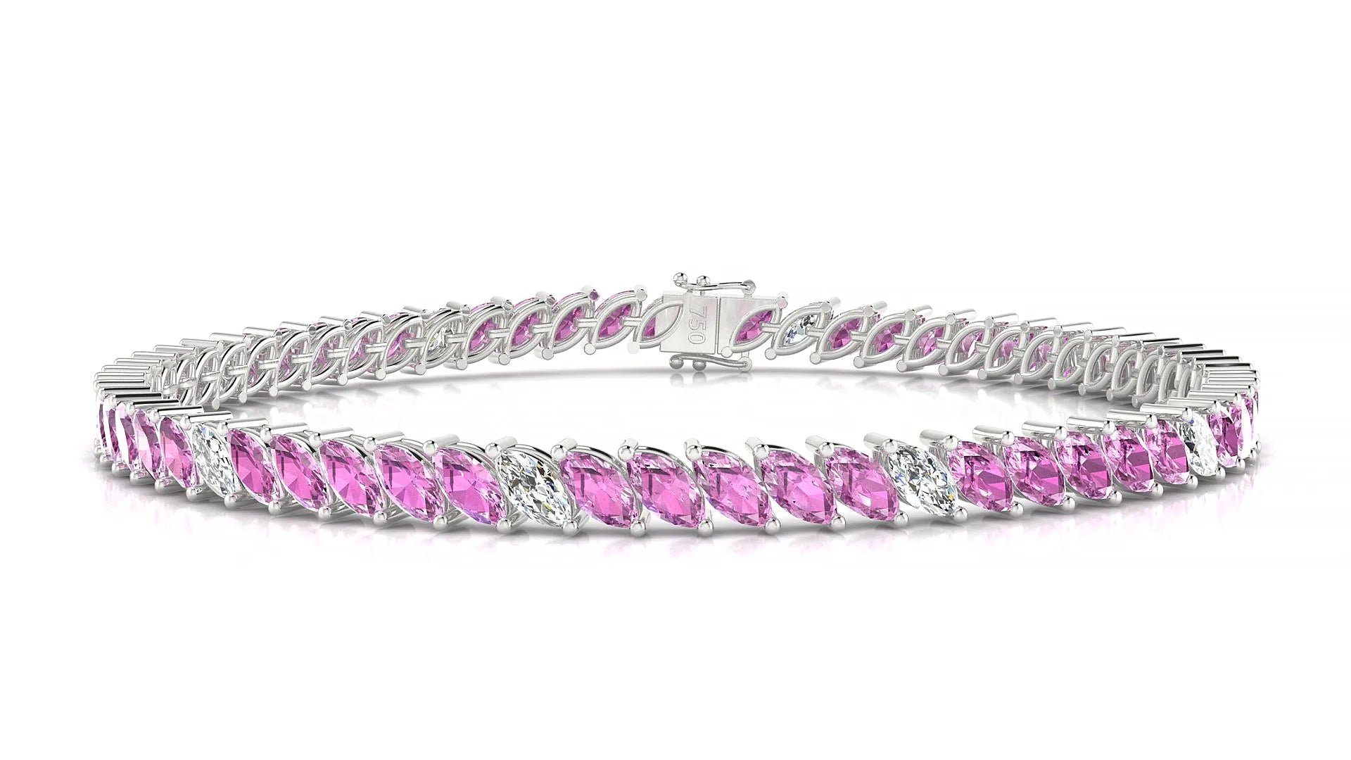 Venezia 5-1 | 18k White Gold 5 x 2.5 mm Marquise Natural Pink Sapphire & Diamond 18 cm Tennis Bracelet