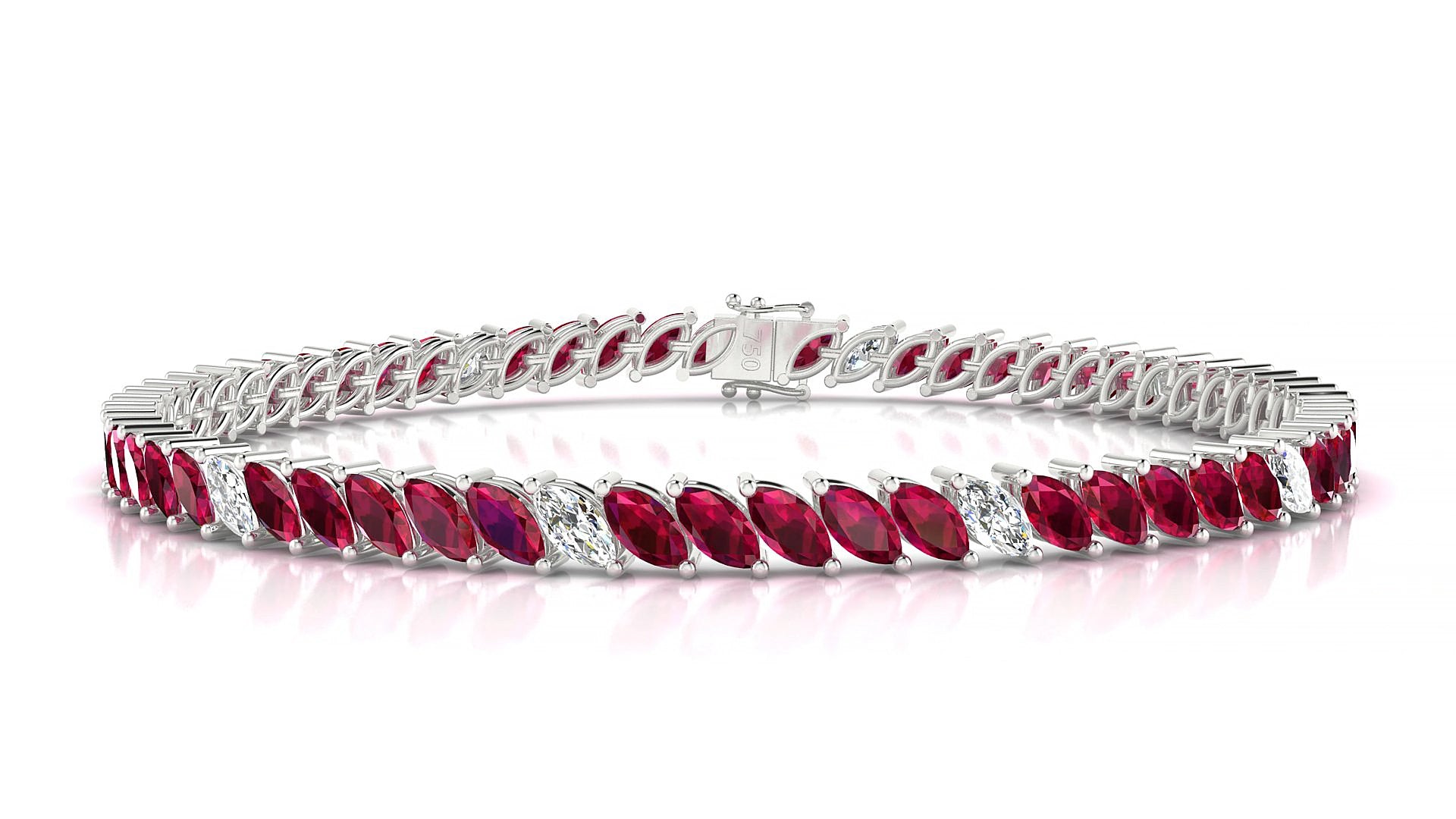 Venezia 5-1 | 18k White Gold 5 x 2.5 mm Marquise Natural Ruby & Diamond 16 cm Tennis Bracelet