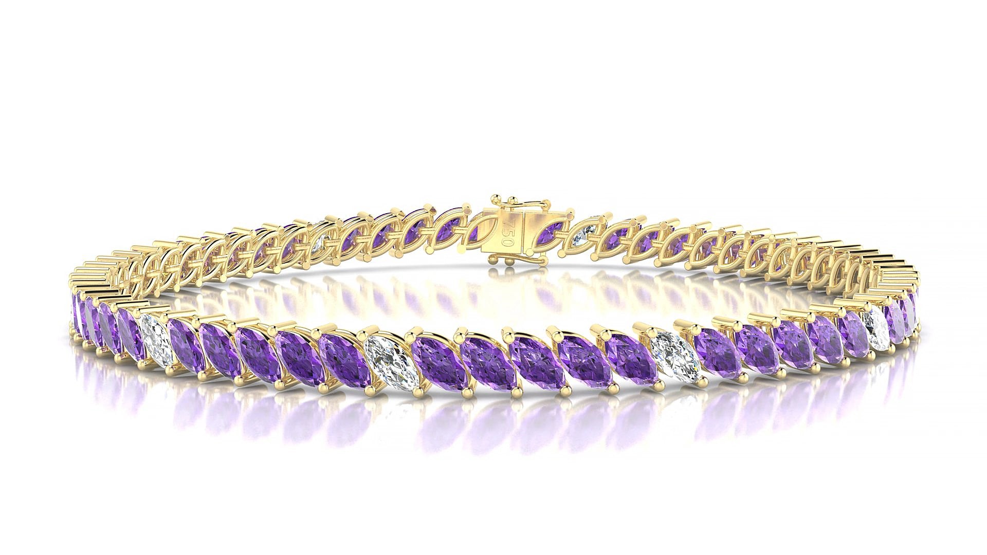 Venezia 5-1 | 18k Yellow Gold 5 x 2.5 mm Marquise Natural Amethyst & Diamond 15 cm Tennis Bracelet