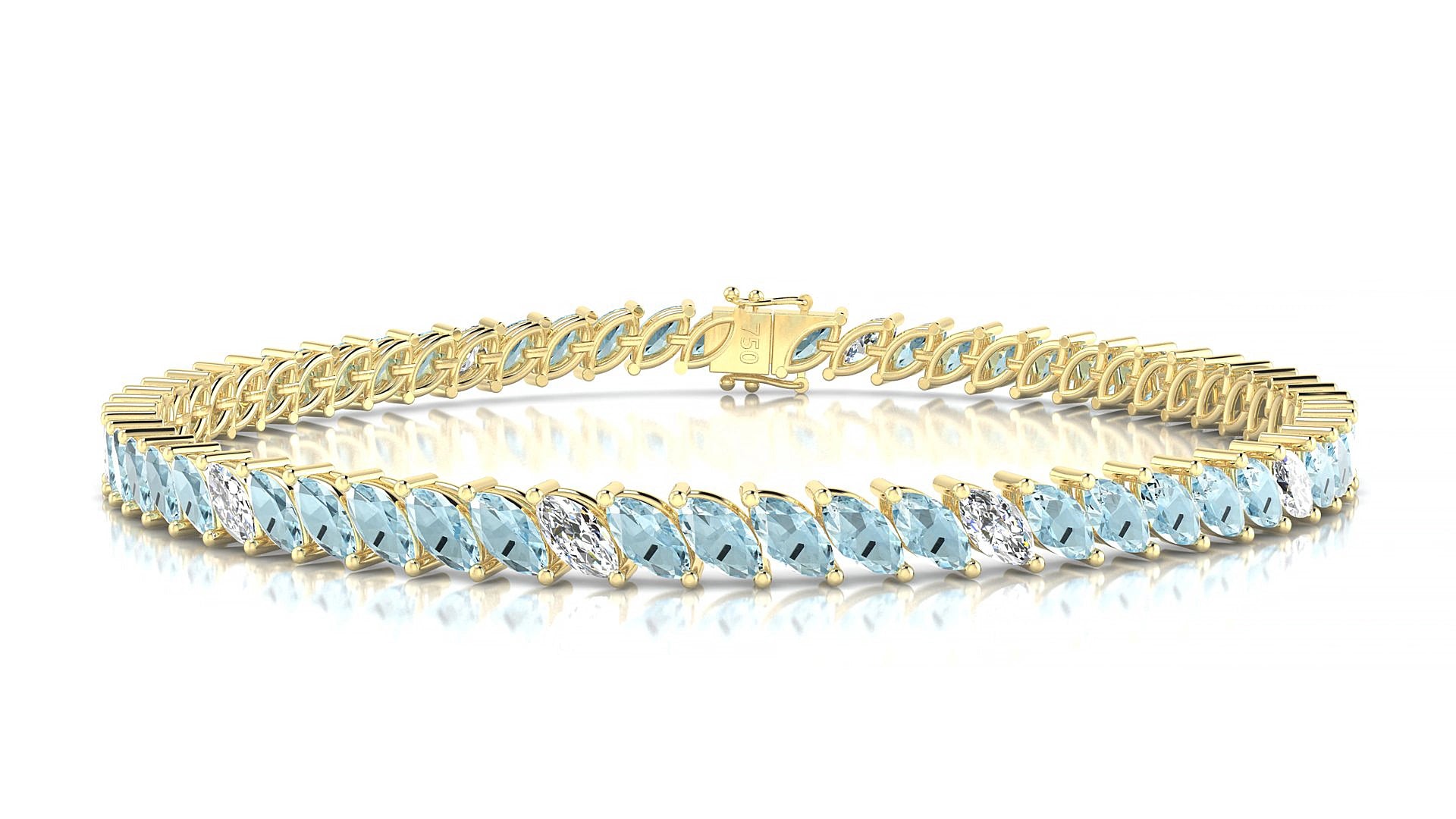Venezia 5-1 | 18k Yellow Gold 5 x 2.5 mm Marquise Natural Aquamarine & Diamond 19 cm Tennis Bracelet