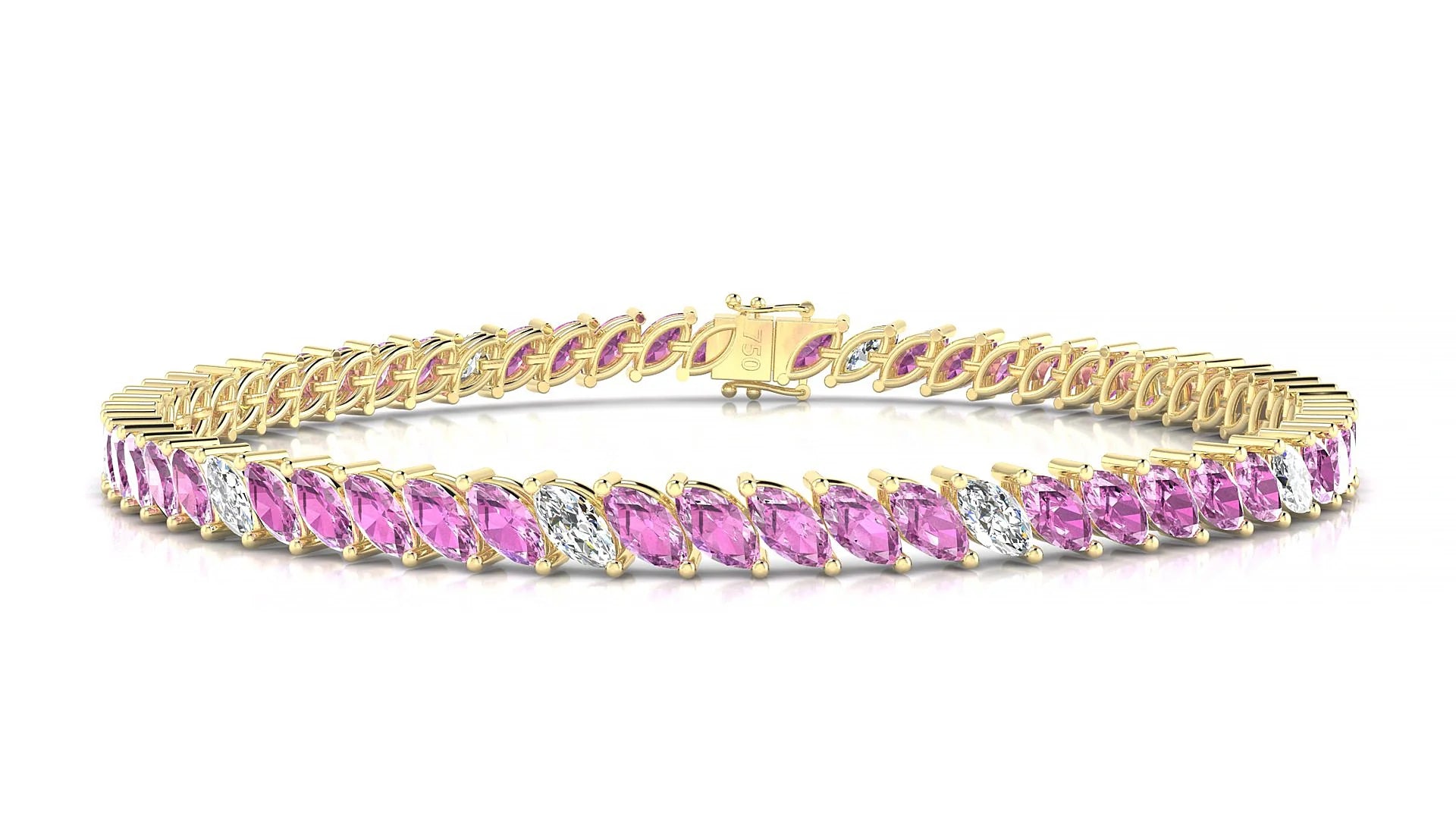 Venezia 5-1 | 18k Yellow Gold 5 x 2.5 mm Marquise Natural Pink Sapphire & Diamond 18 cm Tennis Bracelet