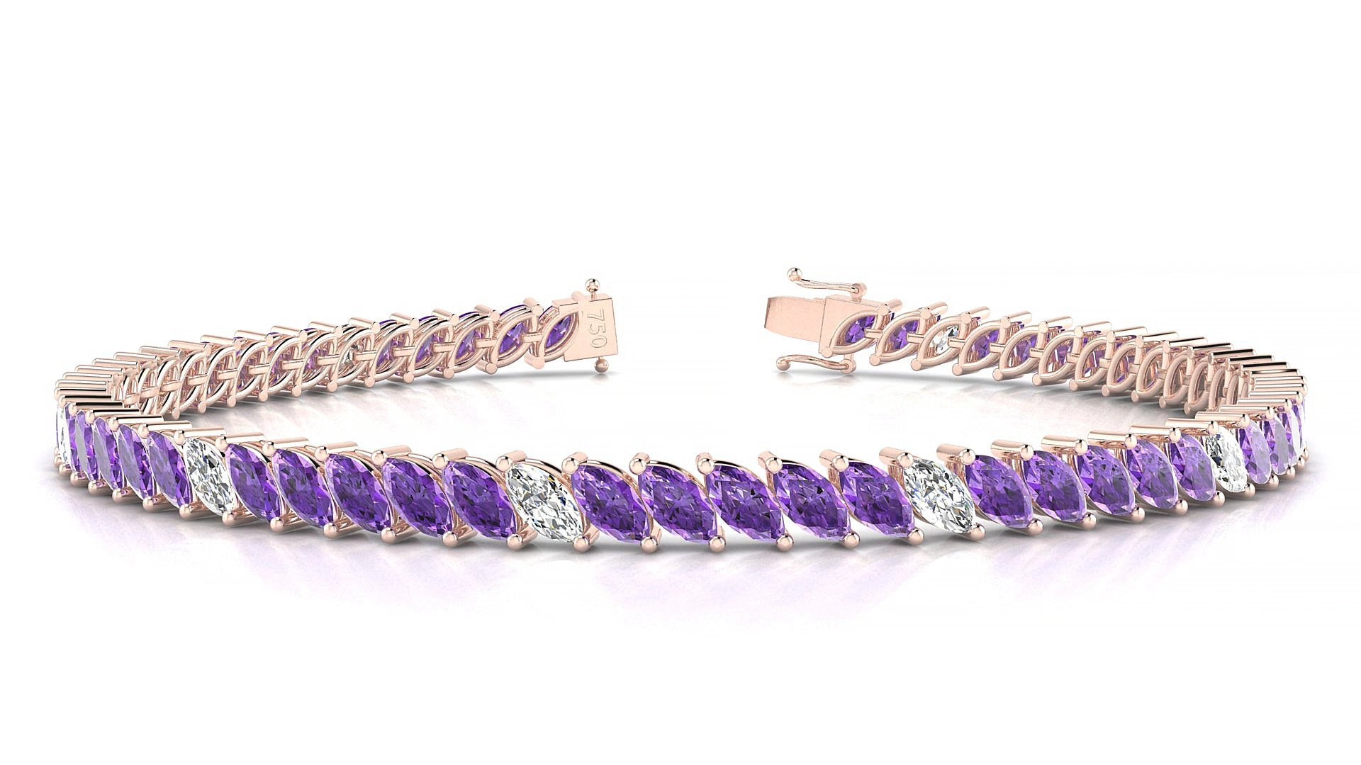 Venezia 5-1 | 18k Rose Gold 5 x 2.5 mm Marquise Natural Amethyst & Diamond 15 cm Tennis Bracelet