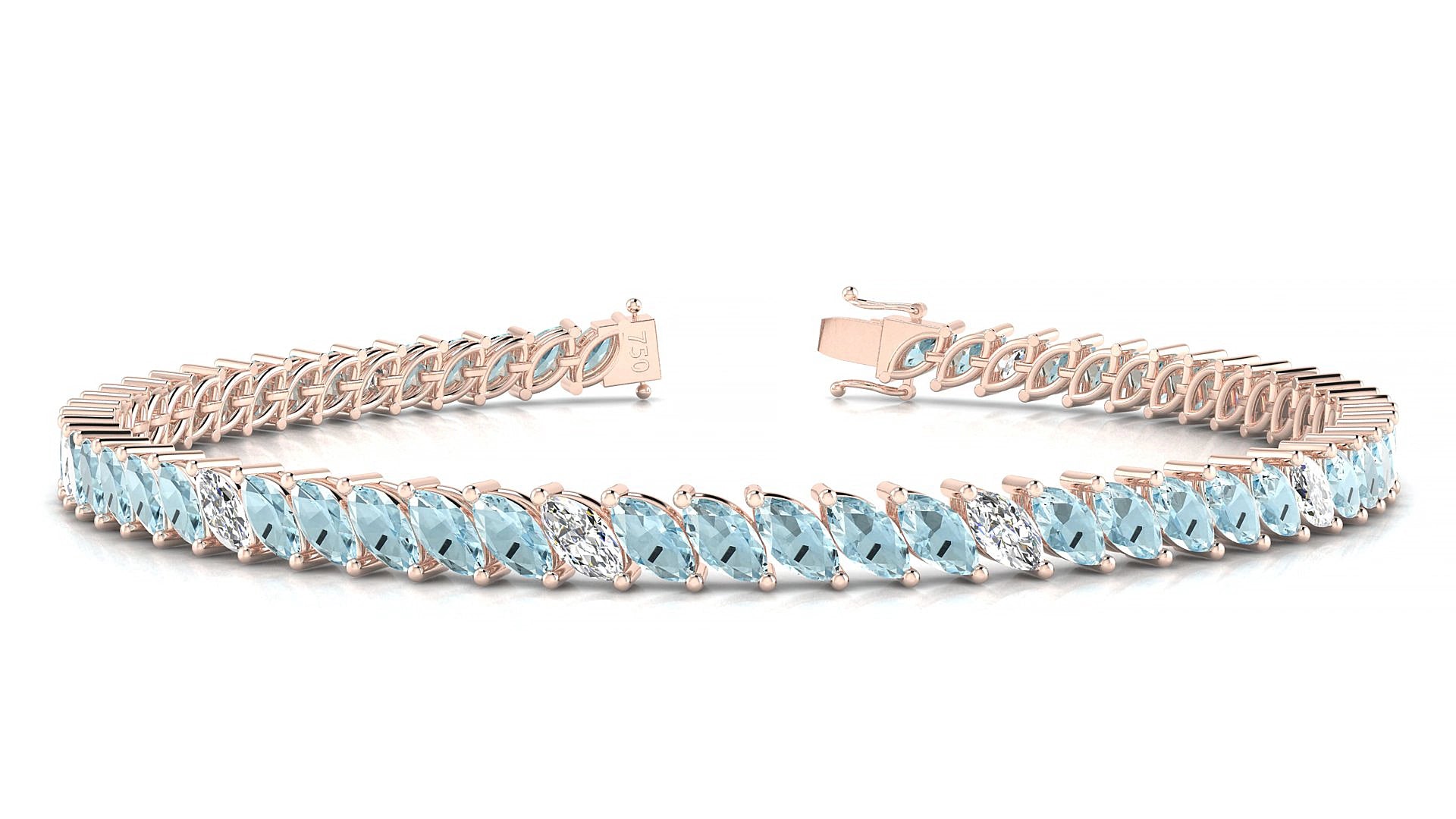Venezia 5-1 | 18k Rose Gold 5 x 2.5 mm Marquise Natural Aquamarine & Diamond 19 cm Tennis Bracelet