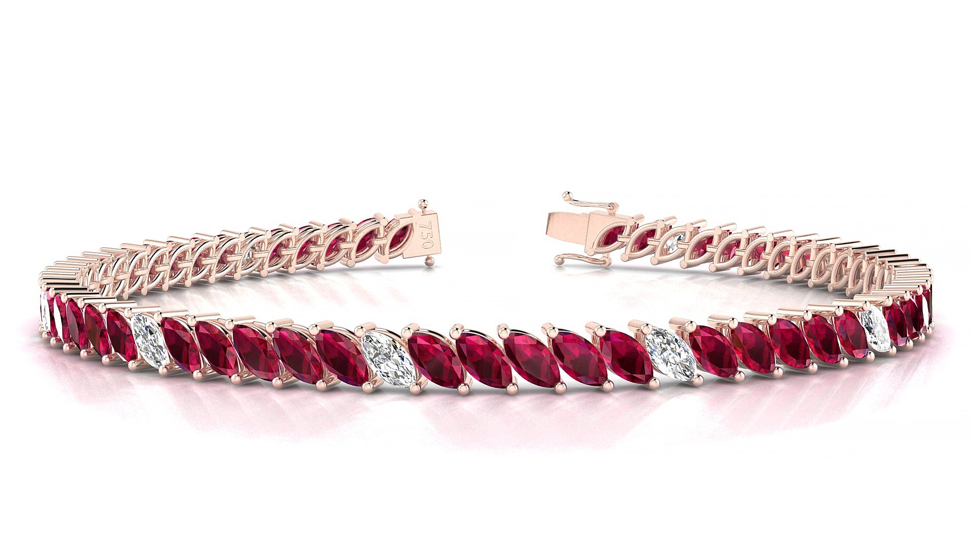 Venezia 5-1 | 18k Rose Gold 5 x 2.5 mm Marquise Natural Ruby & Diamond 16 cm Tennis Bracelet