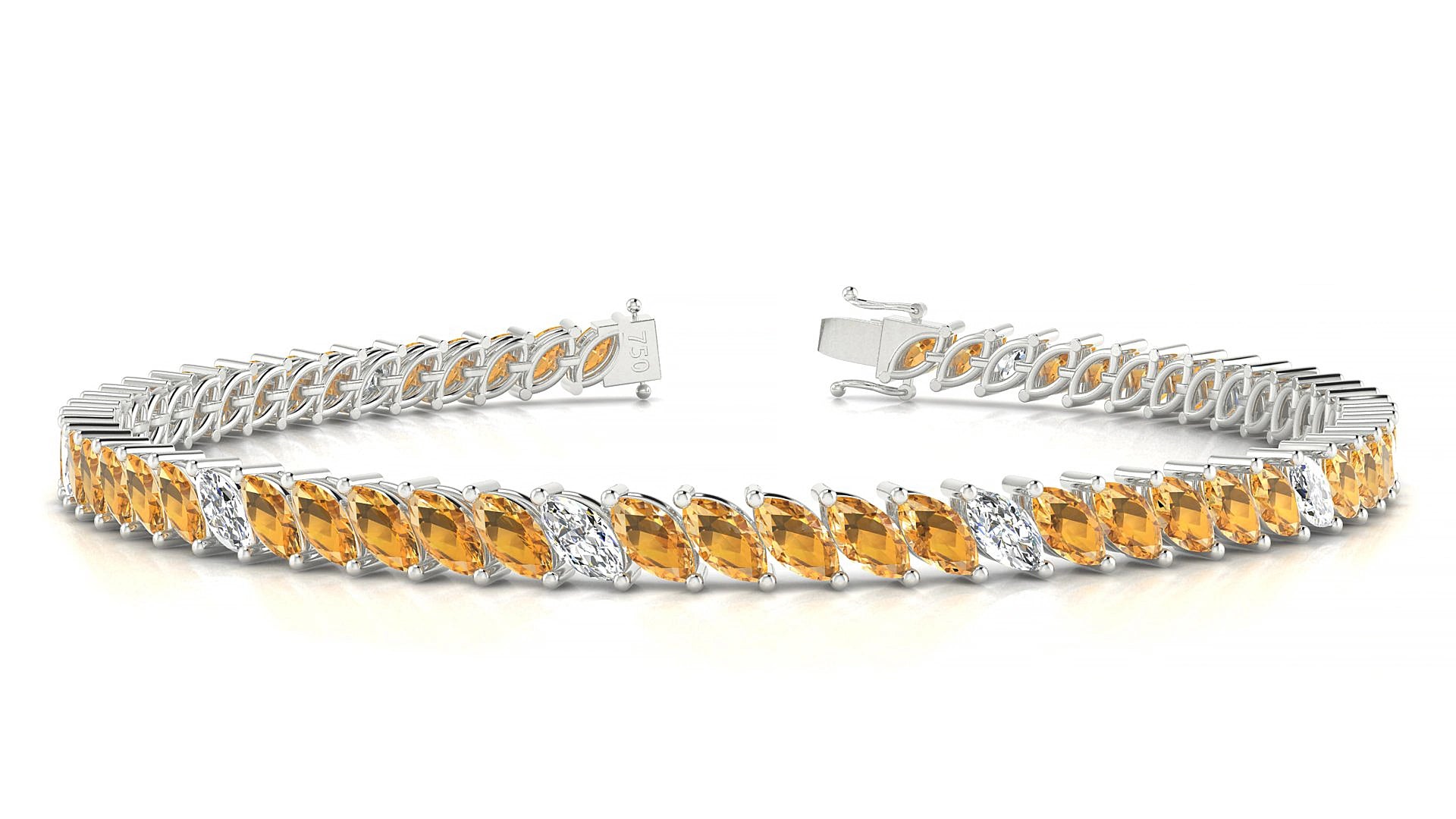 Venezia 5-1 | 18k White Gold 5 x 2.5 mm Marquise Natural Citrine & Diamond 15 cm Tennis Bracelet