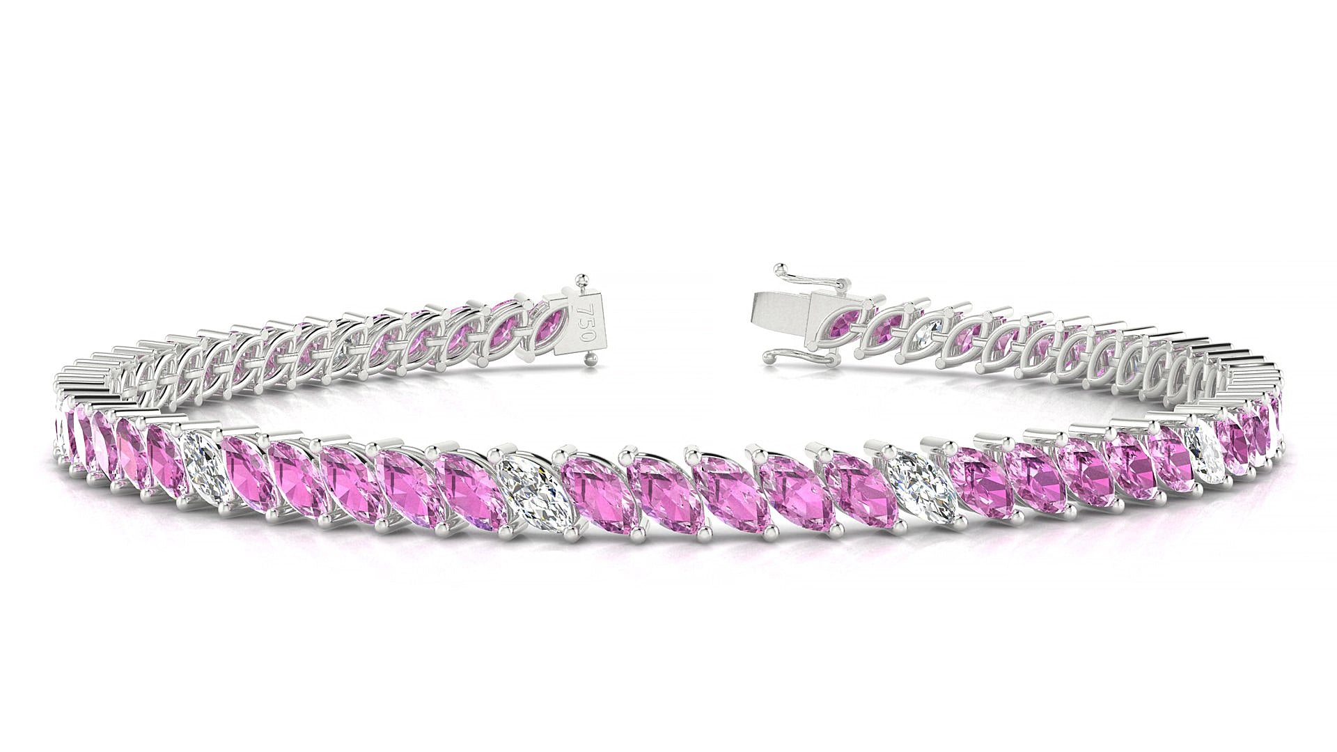 Venezia 5-1 | 18k White Gold 5 x 2.5 mm Marquise Natural Pink Sapphire & Diamond 15 cm Tennis Bracelet