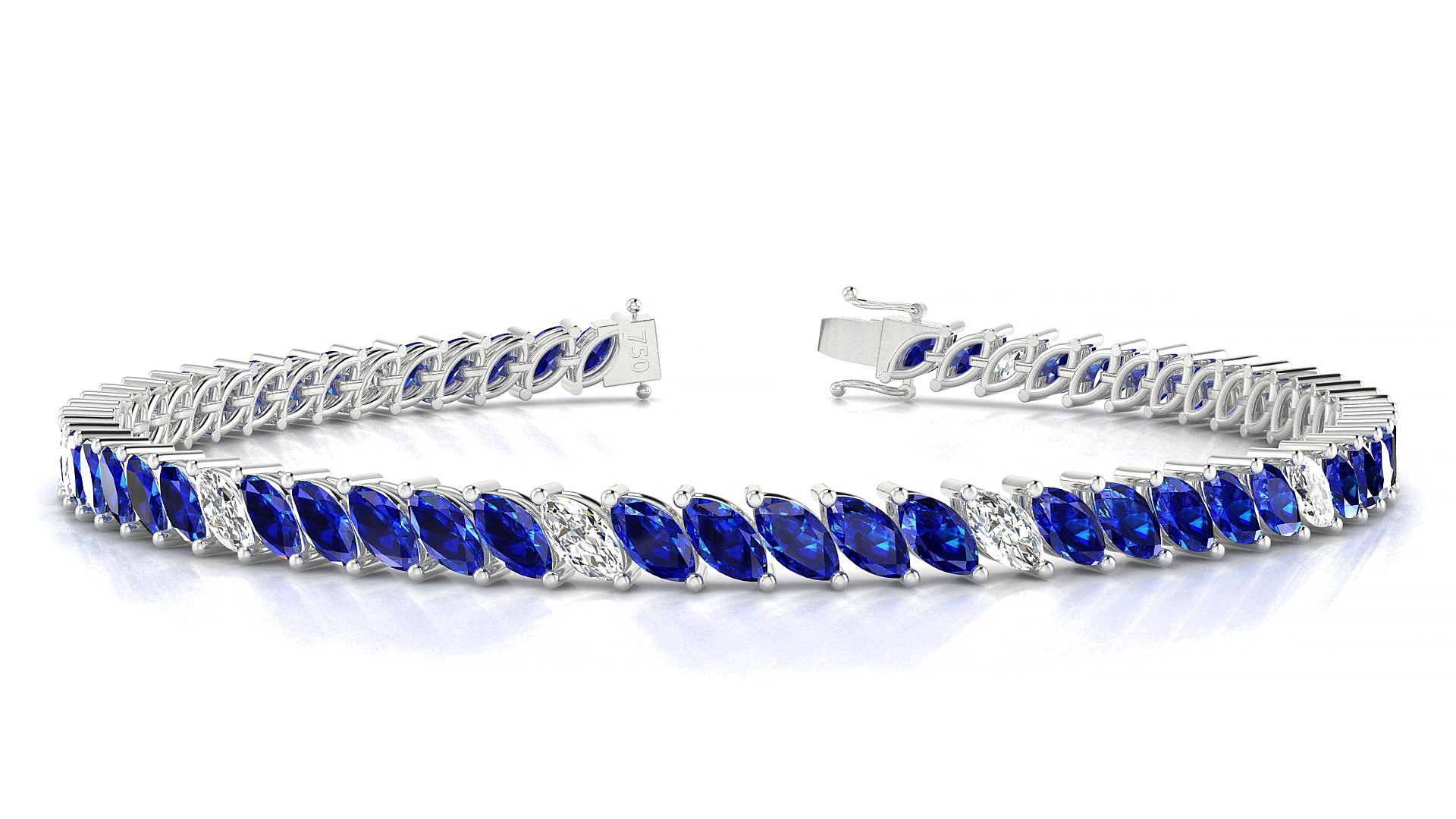 Venezia 5-1 | 18k White Gold 5 x 2.5 mm Marquise Natural Sapphire & Diamond 15 cm Tennis Bracelet
