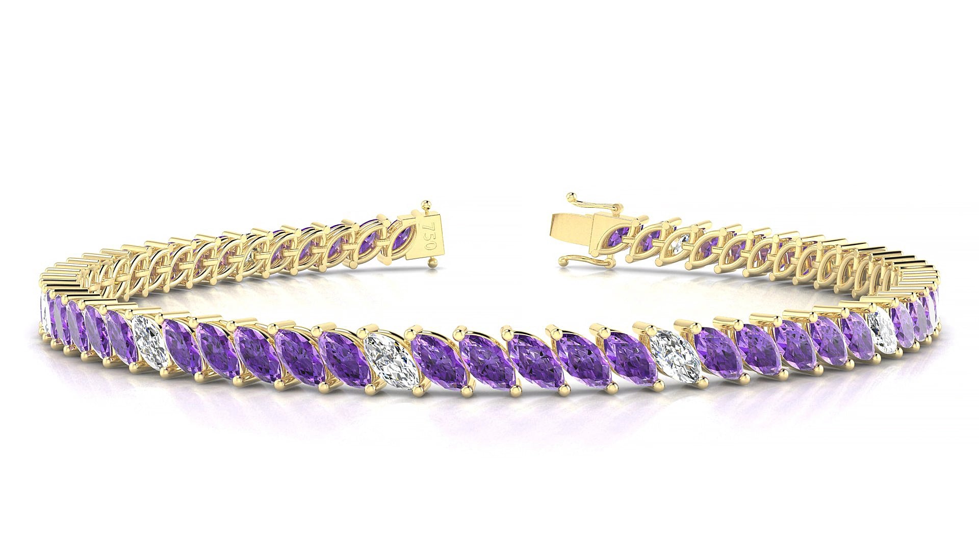 Venezia 5-1 | 18k Yellow Gold 5 x 2.5 mm Marquise Natural Amethyst & Diamond 18 cm Tennis Bracelet