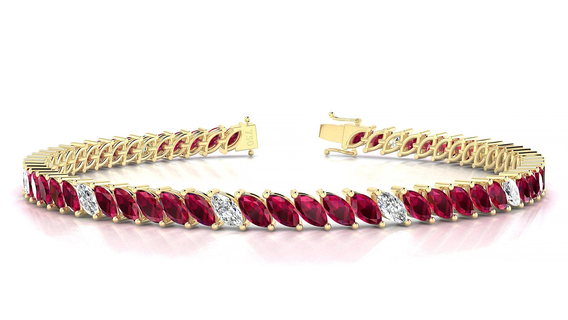 Venezia 5-1 | 18k Yellow Gold 5 x 2.5 mm Marquise Natural Ruby & Diamond 20 cm Tennis Bracelet