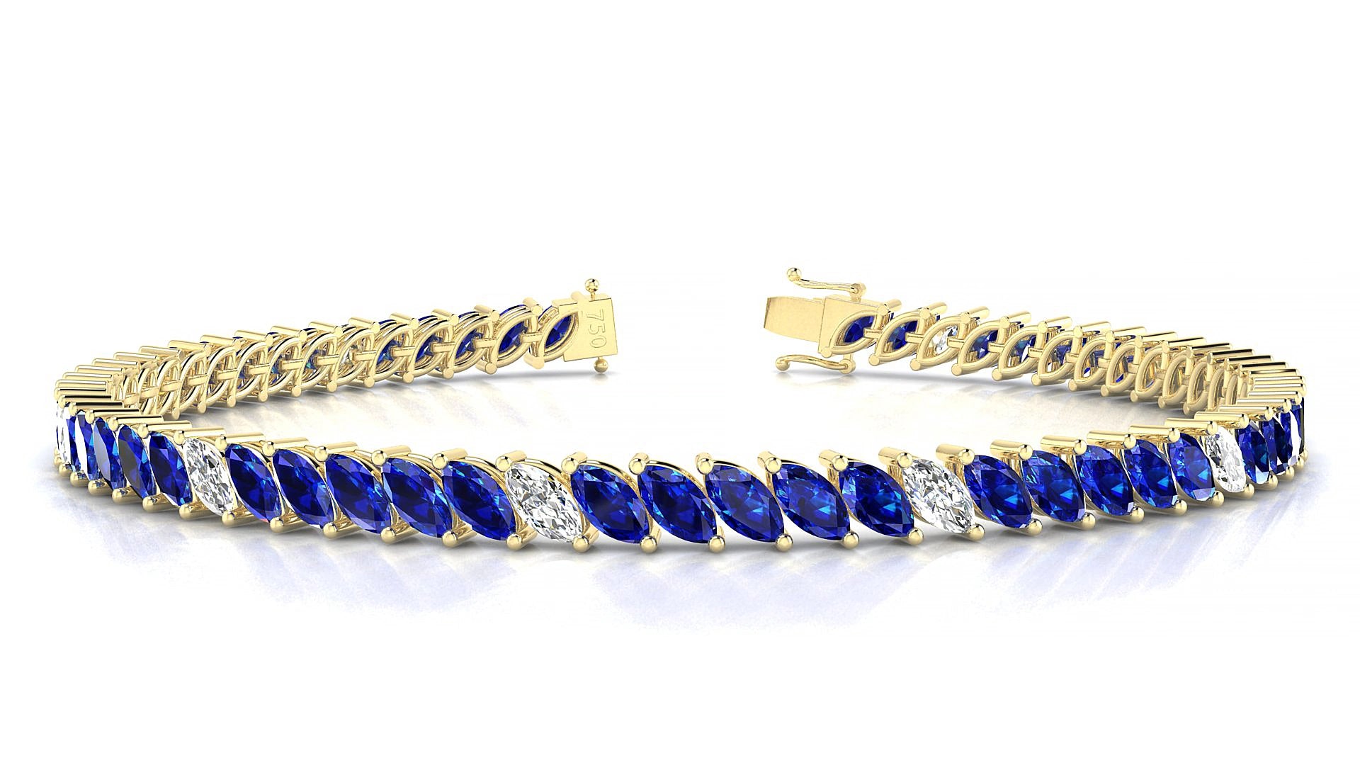 Venezia 5-1 | 18k Yellow Gold 5 x 2.5 mm Marquise Natural Sapphire & Diamond 15 cm Tennis Bracelet