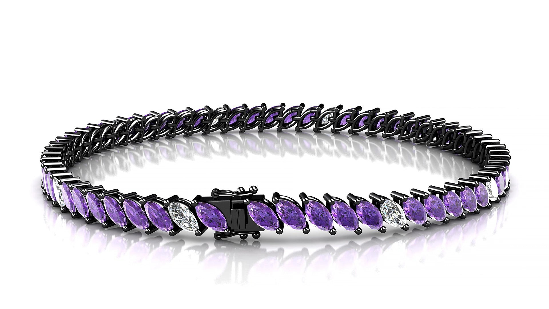 Venezia 5-1 | 18k Black Gold 5 x 2.5 mm Marquise Natural Amethyst & Diamond 16 cm Tennis Bracelet