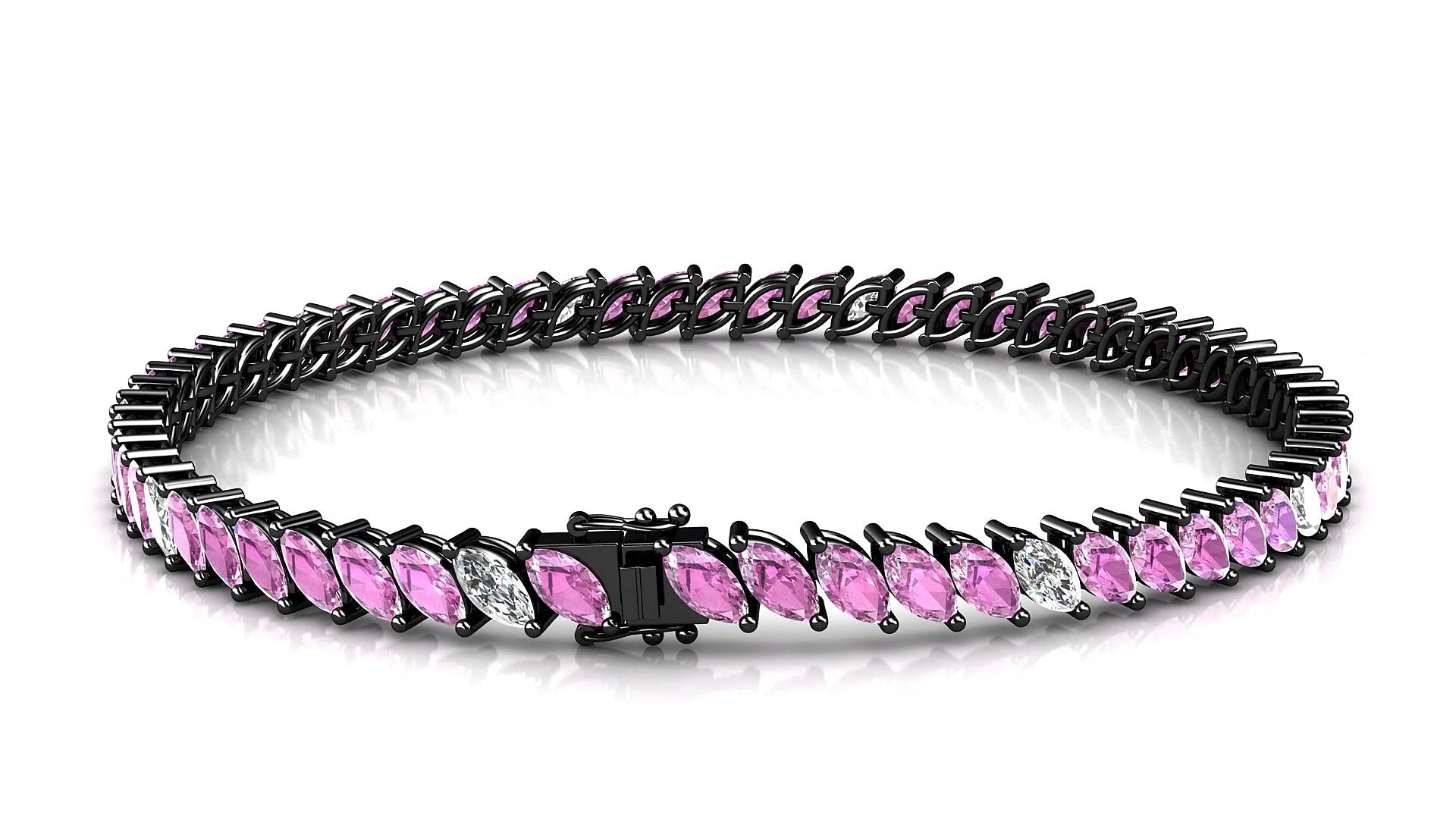 Venezia 5-1 | 18k Black Gold 5 x 2.5 mm Marquise Natural Pink Sapphire & Diamond 18 cm Tennis Bracelet