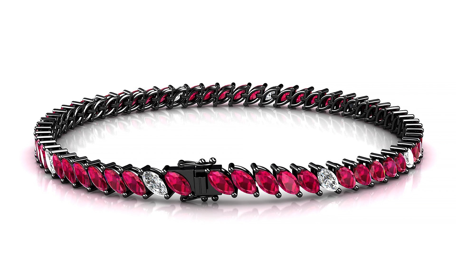 Venezia 5-1 | 18k Black Gold 5 x 2.5 mm Marquise Natural Ruby & Diamond 15 cm Tennis Bracelet
