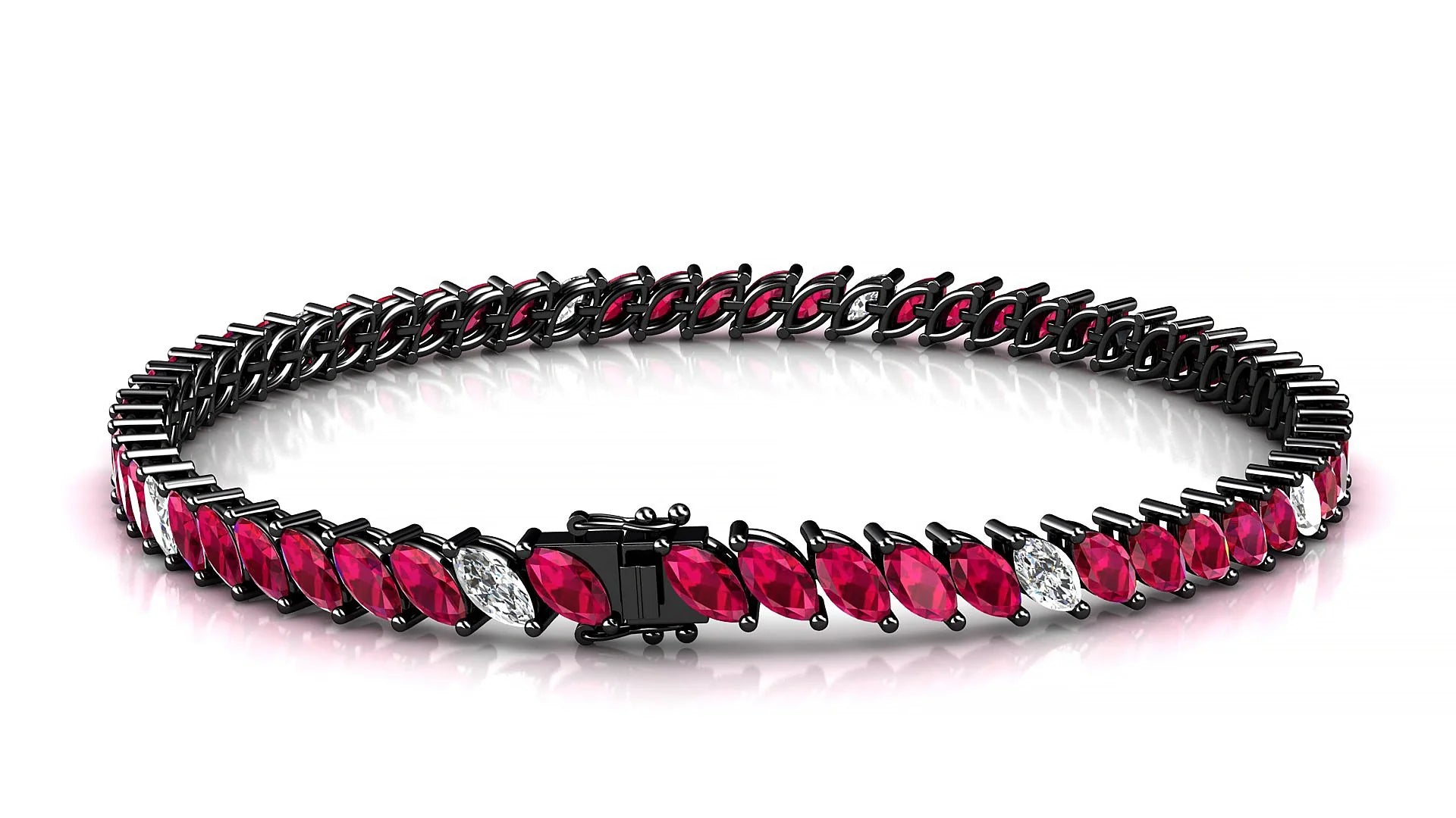 Venezia 5-1 | 18k Black Gold 5 x 2.5 mm Marquise Natural Ruby & Diamond 18 cm Tennis Bracelet