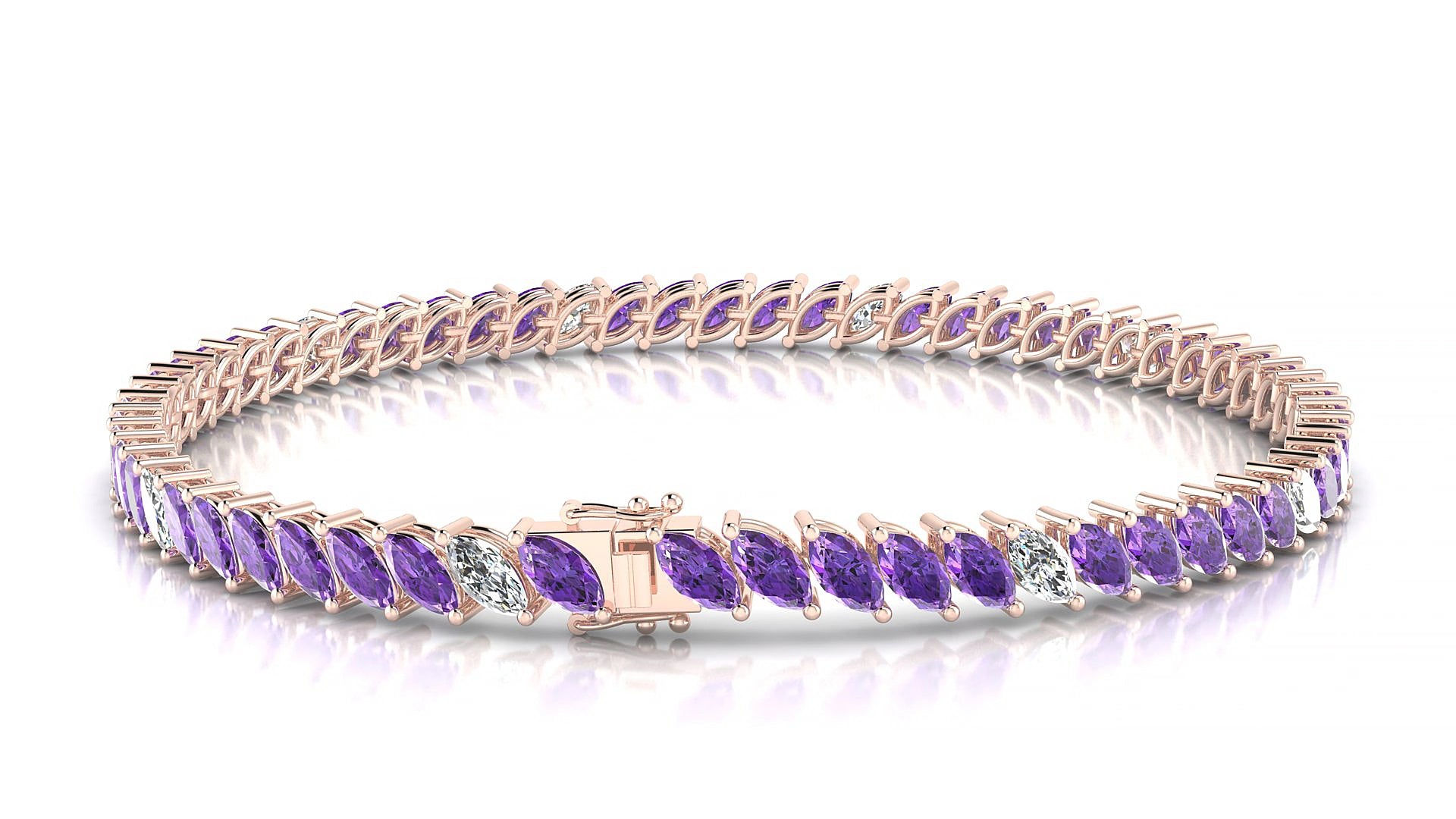 Venezia 5-1 | 18k Rose Gold 5 x 2.5 mm Marquise Natural Amethyst & Diamond 15 cm Tennis Bracelet