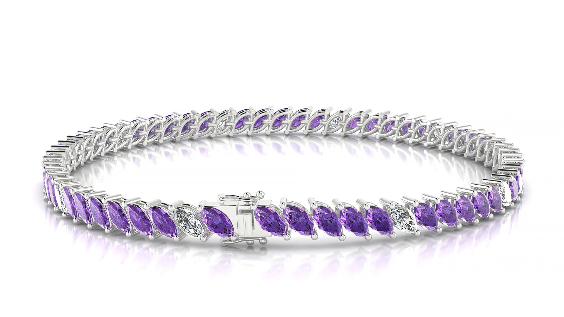 Venezia 5-1 | 18k White Gold 5 x 2.5 mm Marquise Natural Amethyst & Diamond 17 cm Tennis Bracelet