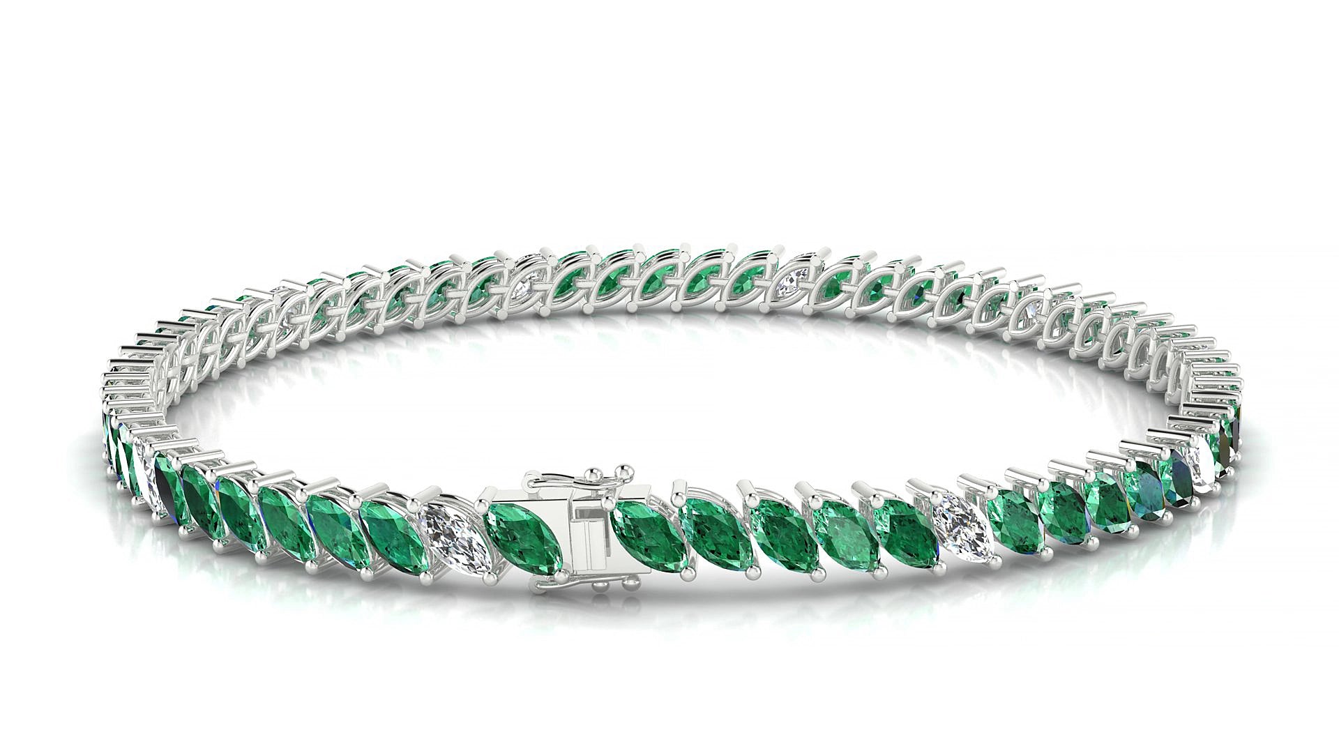 Venezia 5-1 | 18k White Gold 5 x 2.5 mm Marquise Natural Emerald & Diamond 15 cm Tennis Bracelet