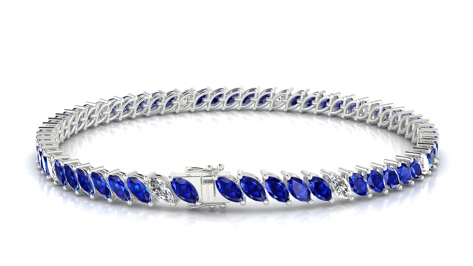 Venezia 5-1 | 18k White Gold 5 x 2.5 mm Marquise Natural Sapphire & Diamond 19 cm Tennis Bracelet