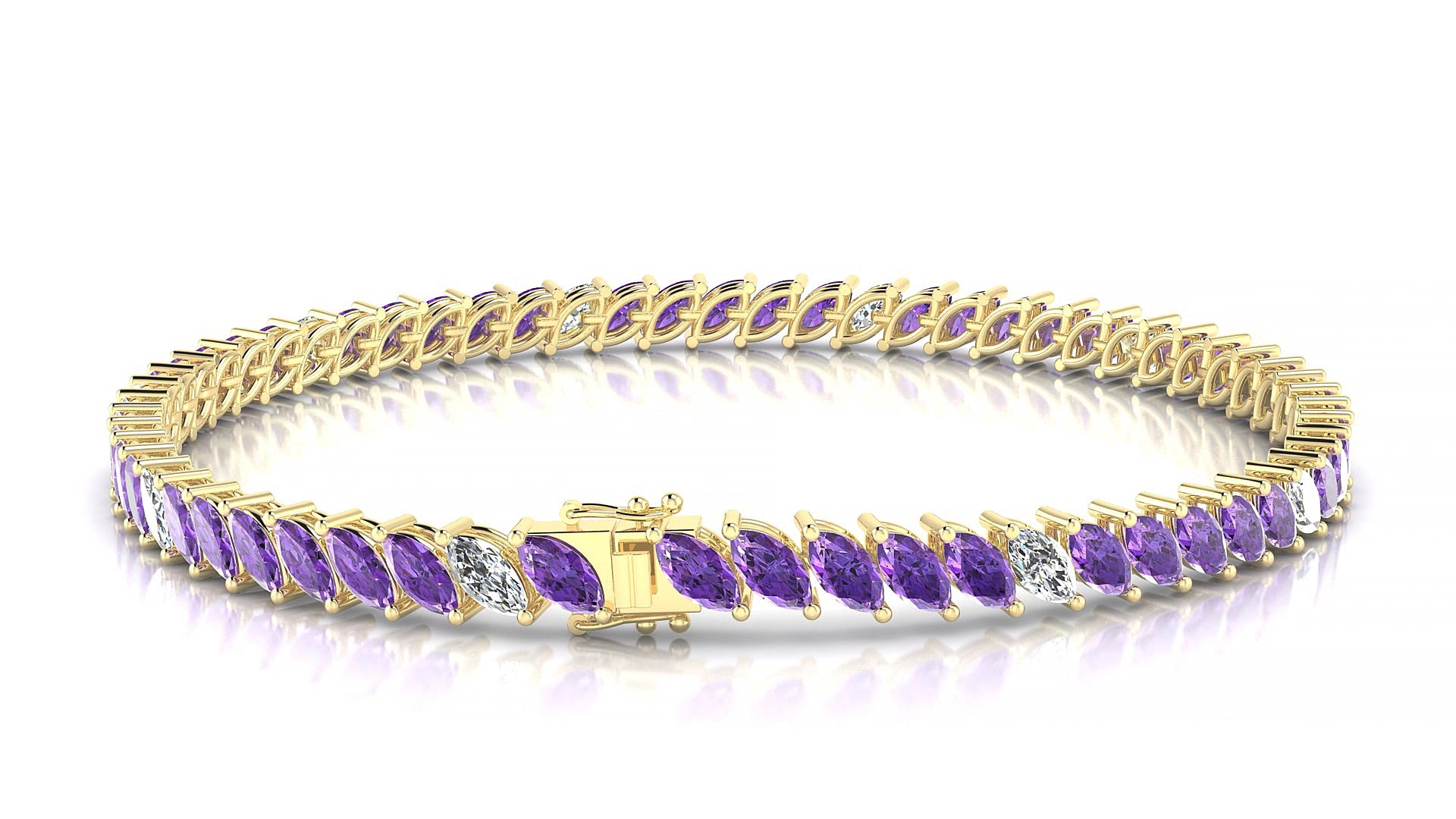 Venezia 5-1 | 18k Yellow Gold 5 x 2.5 mm Marquise Natural Amethyst & Diamond 19 cm Tennis Bracelet