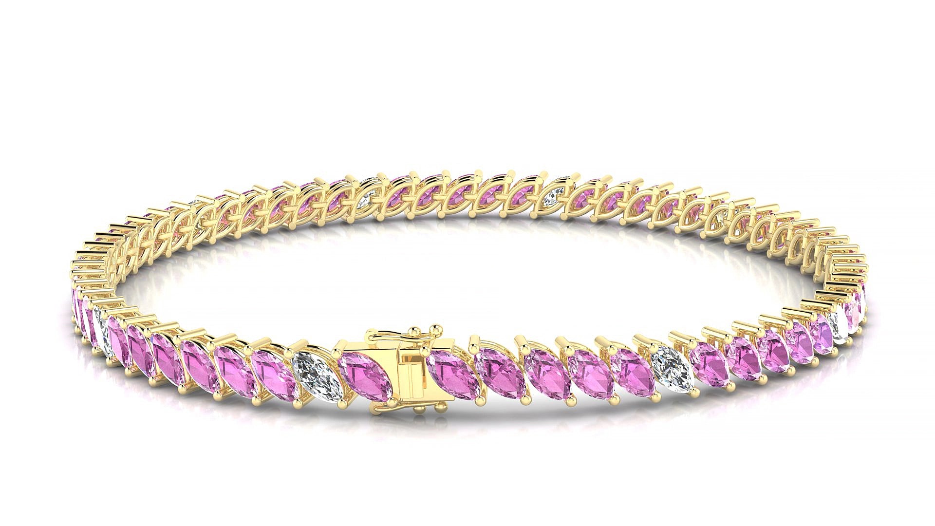 Venezia 5-1 | 18k Yellow Gold 5 x 2.5 mm Marquise Natural Pink Sapphire & Diamond 17 cm Tennis Bracelet