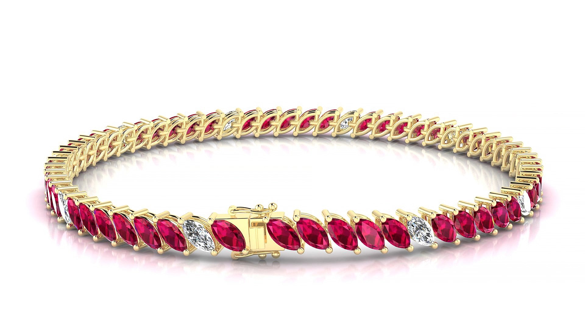 Venezia 5-1 | 18k Yellow Gold 5 x 2.5 mm Marquise Natural Ruby & Diamond 19 cm Tennis Bracelet