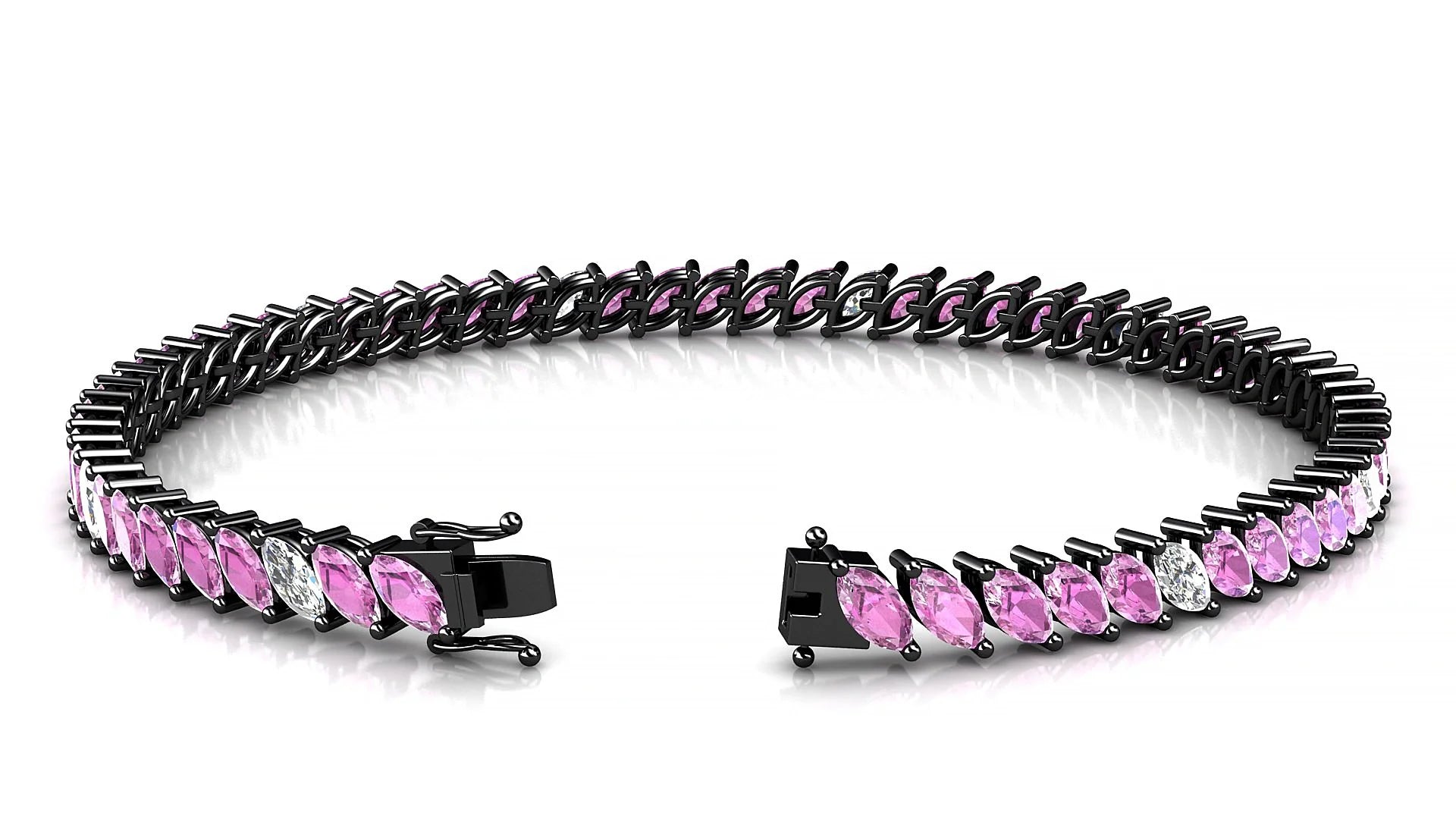 Venezia 5-1 | 18k Black Gold 5 x 2.5 mm Marquise Natural Pink Sapphire & Diamond 18 cm Tennis Bracelet